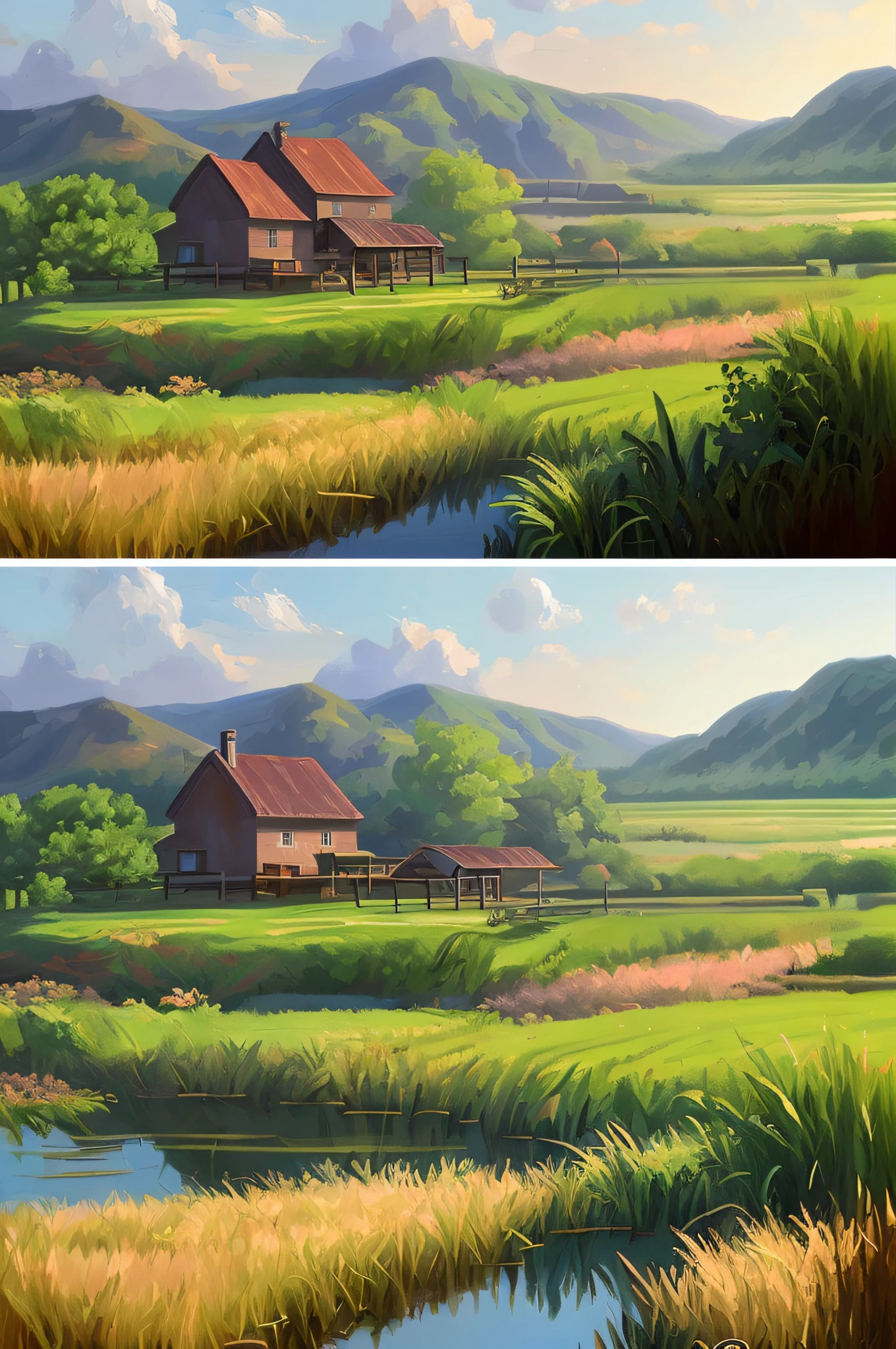 With the American farm as the background, digital painting creator Dai Jin&#39;s illustrations depict an anime-style rural landscape with pure colors and rich details, which is very beautiful and full of artistic sense. The details of the house and pond in the picture are rich and realistic, showing the effect of real oil painting, which is amazing. (farm, American scene, anime rural landscape, digital painting, rich details, oil painting effect, artistic sense)