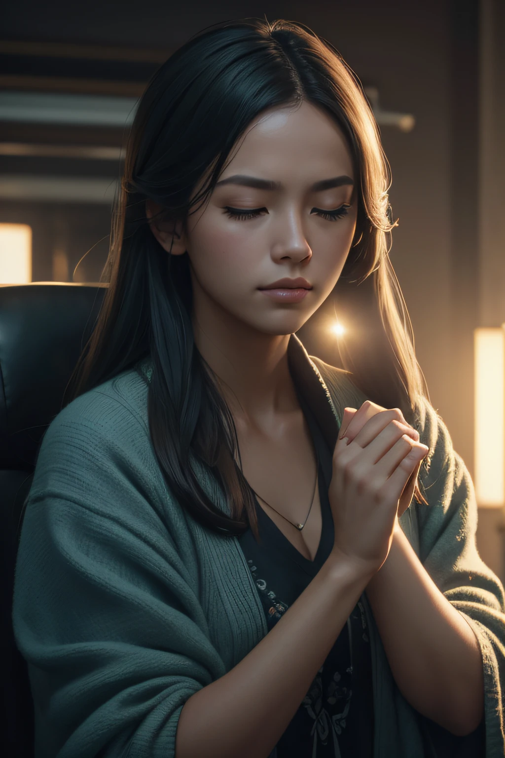 AN IMAGE OF A PERSON TOUCHING THEIR TEMPLES WITH THEIR FINGERTIPS, EYES CLOSED, nikon d850, filme, estoque fotografia, 4 Kodak Portra 400 Cameras, lente f1.6, cores ricas, hiper-realista, textura realista, lighting dramatic, mecanismo irreal, trending on ArtStation, cinestill 800, lente olho de peixe,CGSociety,ArtStation