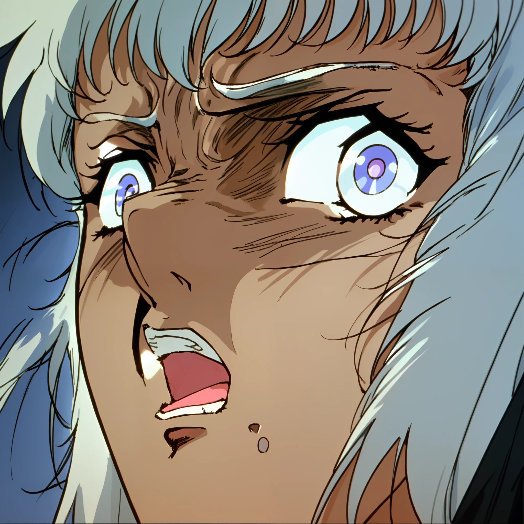 closeup of a female with dark skin, white hair, with a serious expression, frightened, submissive, HNKstyle, 80's anime,