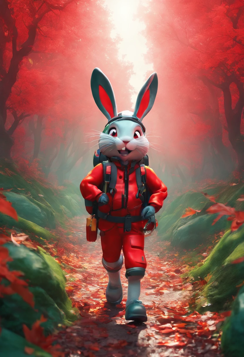 (A rabbit with binoculars hanging on his expedition stands on the path among the autumn leaves), Binoculars around the neck，hairy,  Big green bright eyes, （Binoculars hanging from your chest：1.37）, The rabbit wears a fashionable adventure costume in green,green shorts， Wear red hiking boots on your feet， cute ears, (Green camping hat, Carry a green backpack with you, trowels, camping equipment, compass,)
(Curious to explore expressions:1.37), Exaggerated，Cartoon, 4D, Fox,at centre，Three-point system
Add a little background: Autumn Leaf Forest Trail Red Forest, autumn forest, red illuminating fog, In a red dream, really beautiful forest, Beautiful forest, Beautiful hazy wood, Red shade spray, Breathable and beautiful trees, breath-taking beautiful trees, red fog, beautiful forests and trees, Bright but dark red, red trees, a 3D render
{{Masterpiece}}, {{{Best quality}}}, {{Ultra-detailed}}, {{{illustration}}},concept art of character,Game scene graph,Clear facial features,close up photograph,Photography,postapocalyptic,Masterpiece,archviz/building rendering,rendering,corona rendered,rendering by octane,v-ray,High detail,hyper qualit,high resolution,trending on artstationh,hyper photorealism,surrealism,k hd,8K tilt shift,Long shot,Split Lighting,