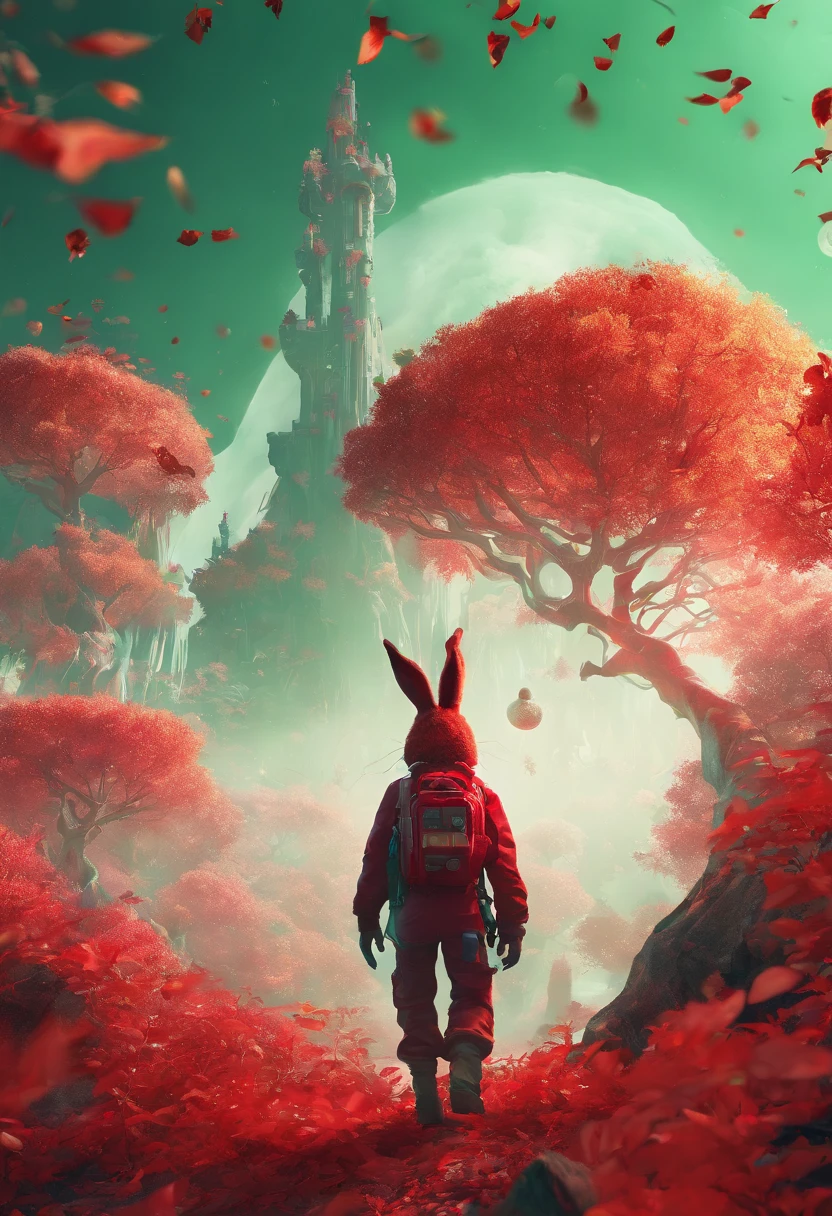 (A rabbit with binoculars hanging on his expedition stands on the path among the autumn leaves), Binoculars around the neck,hairy, Big green bright eyes, (Binoculars hanging from your chest:1.37), The rabbit wears a fashionable adventure costume in green,green shorts, Wear red hiking boots on your feet, cute ears, (Green camping hat, Carry a green backpack with you, trowels, camping equipment, compass,)
(Curious to explore expressions:1.37), Exaggerated,Cartoon, 4D, Fox,at centre,Three-point system
Add a little background: Autumn Leaf Forest Trail Red Forest, autumn forest, red illuminating fog, In a red dream, really beautiful forest, Beautiful forest, Beautiful hazy wood, Red shade spray, Breathable and beautiful trees, breath-taking beautiful trees, red fog, beautiful forests and trees, Bright but dark red, red trees, a 3D render
{{Masterpiece}}, {{{Best quality}}}, {{Ultra-detailed}}, {{{illustration}}},concept art of character,Game scene graph,Clear facial features,close up photograph,Photography,postapocalyptic,Masterpiece,archviz/building rendering,rendering,corona rendered,rendering by octane,v-ray,High detail,hyper qualit,high resolution,trending on artstationh,hyper photorealism,surrealism,k hd,8K tilt shift,Long shot,Split Lighting,