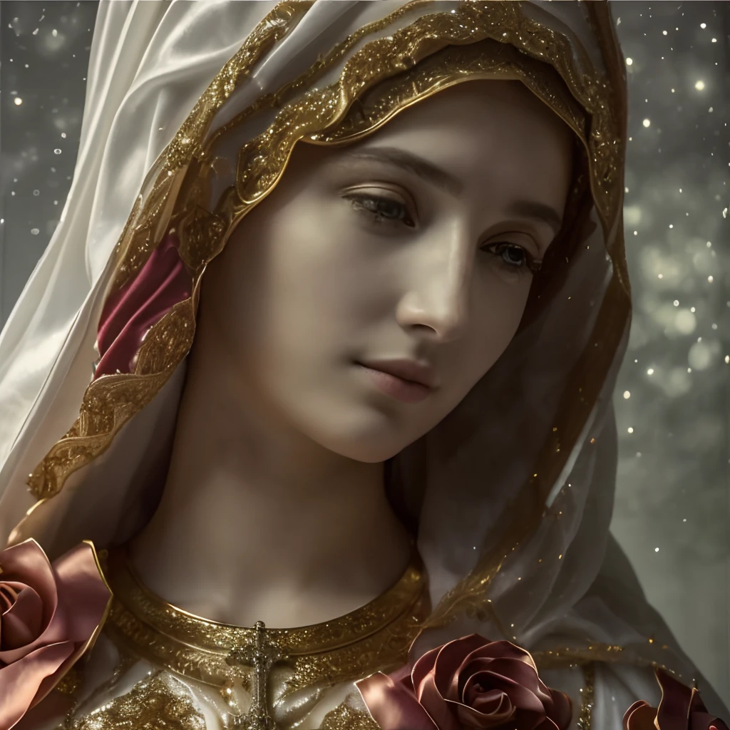 (((Santa Virgem Maria. 19 anos estilo olinetic))) ((( With a serious and pious face. Com um olhar doce e terno))) (obra prima, qualidade superior, melhor qualidade, Arte Oficial, Beautiful and Aesthetic: 1.2), (1girl), extremamente detalhado, (Arte Fractal: 1.3), Colouring, mais alto detalhado, rosto perfeito, parte superior do corpo, HDR, (Rezando: 1.3), (linhas douradas de pelagem branca: 1.2), galaxy, (listras leves), visuais atraentes, (dynamic stripes, Trilhas luminosas: 1.2), Cores vibrantes,