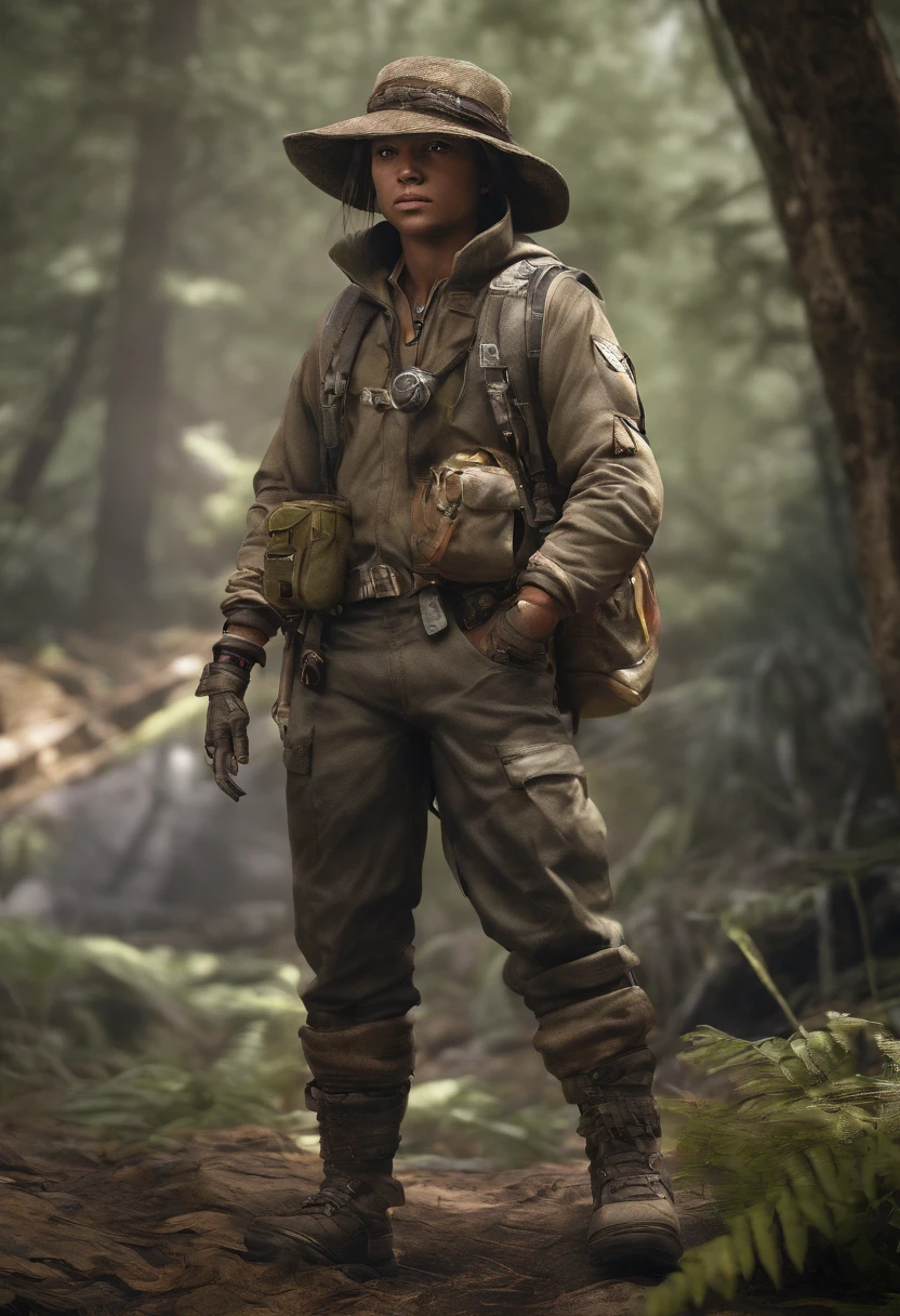 Masterpiece, Best quality, (Very detailed CG Unity 8K wallpapers), (Best quality), (Most Best Illustration), (Best shadows), Mr. Bunny, an adventurer，Wearing an explorer's hat，Carry a bag，Behind him was a dense jungle，depth of fields，Very much detail