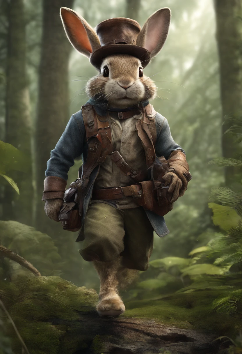 Masterpiece, Best quality, (Very detailed CG Unity 8K wallpapers), (Best quality), (Most Best Illustration), (Best shadows), Mr. Bunny, an adventurer,Wearing an explorer's hat,Carry a bag,Behind him was a dense jungle,depth of fields,Very much detail