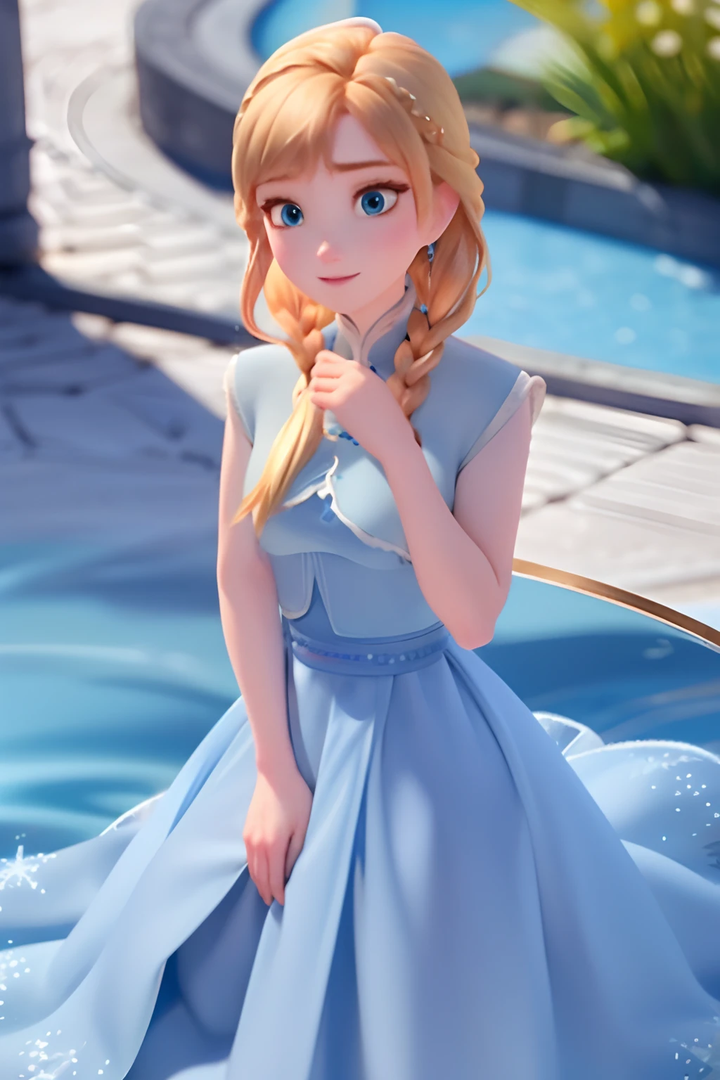 Frozen,blonde long hair,nlue eyes,blue dress 8k