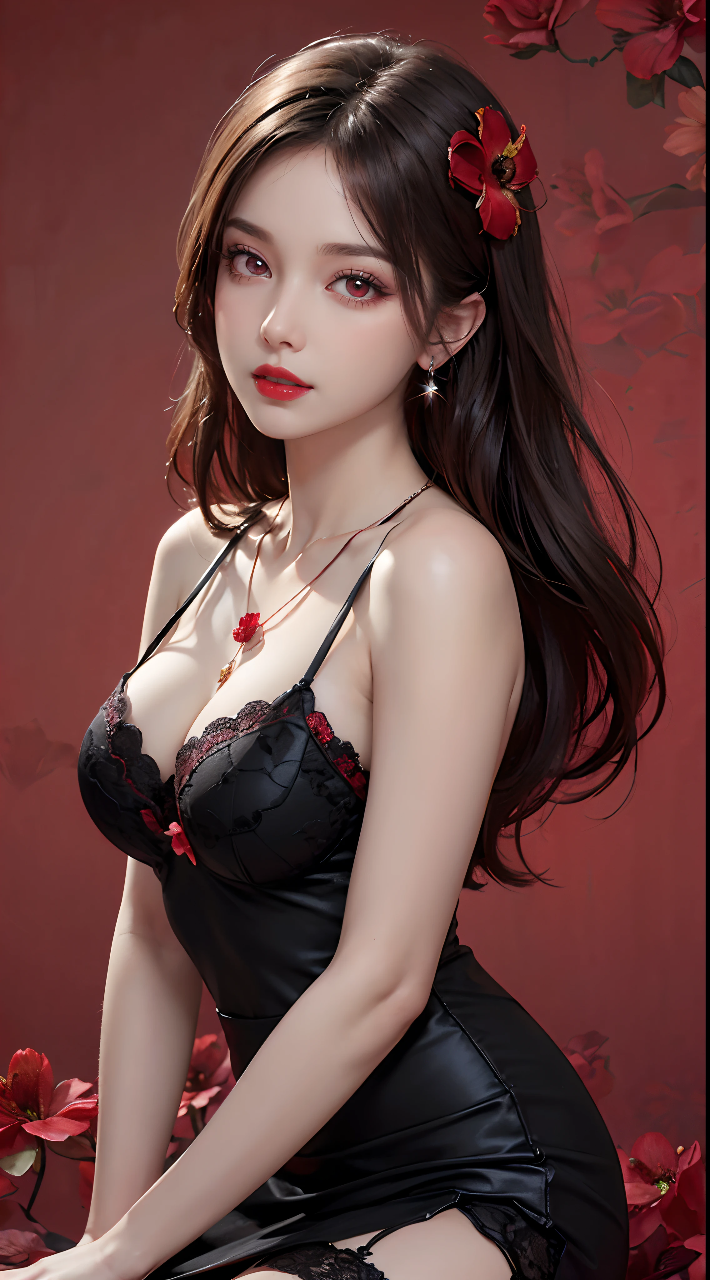 1 beautiful and attractive 20 year old girl, ((wearing a long ultra-thin red dress with diamonds: 1.8)), ((long platinum hair: 1.8)), bangs, elaborate jewelry made from stones noble and pretty bangs, ((wearing a black lace necklace:1.4)), noble, noble style of an extremely beautiful girl, super cute little face, very pretty face, fur thin eyebrows, beautiful, flawless face, ((black eye pupils: 0.8)), very pleasing to the eye, ((light red eyes: 1.5)), beautiful makeup and hair, detailed eyelashes , wet eye makeup, high nose, earrings, red lips, ((closed mouth: 1.5)) beautiful lips, slim hands, most beautiful thighs, rosy face, clean face, flawless beautiful face , smooth white skin, ((big breasts: 1.5)), ((high breasts: 1.6)), firm breasts, beautiful cleavage, ((super round breasts: 1.5)), ((super tight breasts: 1.8) ), beautiful breasts, ((stretch: 1.6)), beautiful breasts, thin black mesh stockings with black lace trim, perfect body, 8k photo, super high quality, super realistic, super 10x pixels, researched optics , studio lighting, edge lighting, dual-tone lighting, (high detail skin: 1.2), super 8k, soft lighting, high quality, volumetric lighting, optical, resolution optical high, bright light, best photo, 4k, 8k quality, blur effect, smooth sharpness, 10 x pixels, ((red flower background:1.7)), aurora, lightning, graphics super realistic, most original realistic drawing, alone, solo, extremely sharp, surreal image, upper body of girl , (((frontal portrait: 1.8)))."