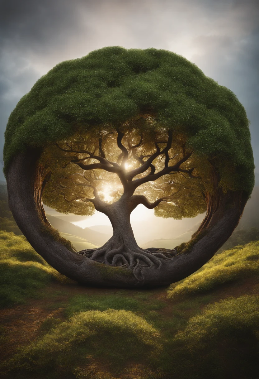 Desenvolva uma logomarca para a terapeuta "Jhayson" que simbolize a jornada interior e crescimento pessoal, Using a stylized tree of life as a central element, o nome "Jhayson" Intertwined at the roots, Cores naturais da terra, Escultura em madeira realista