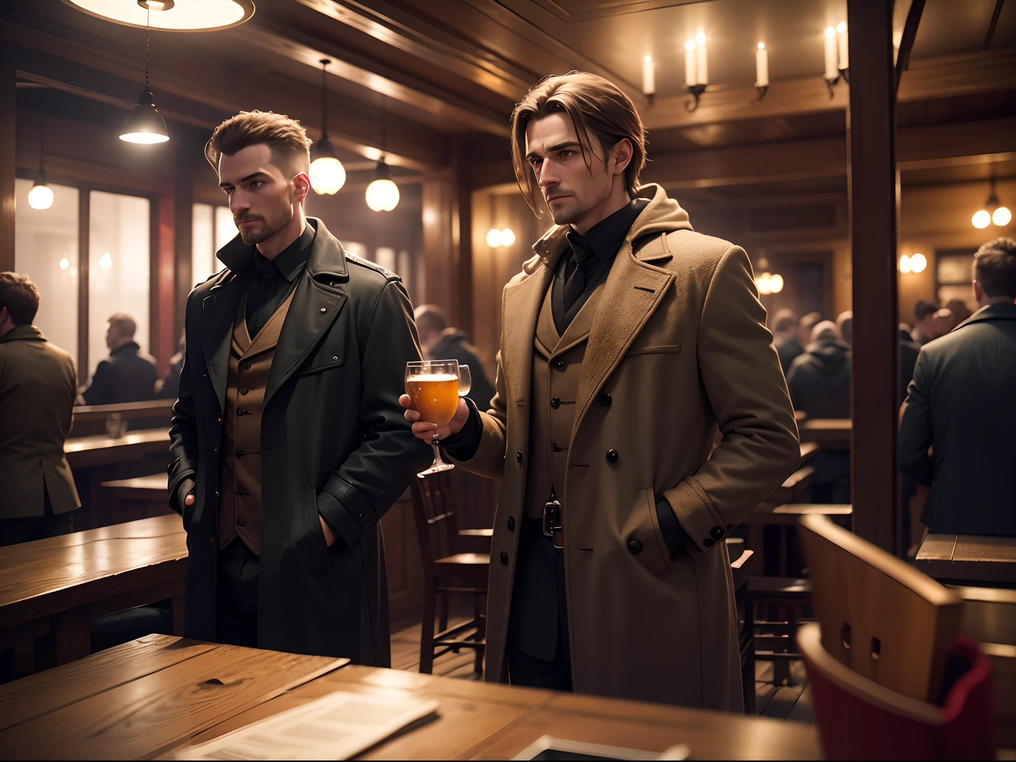realistic 8k image of people dressed in coats, inside a dimly lit German pub, night