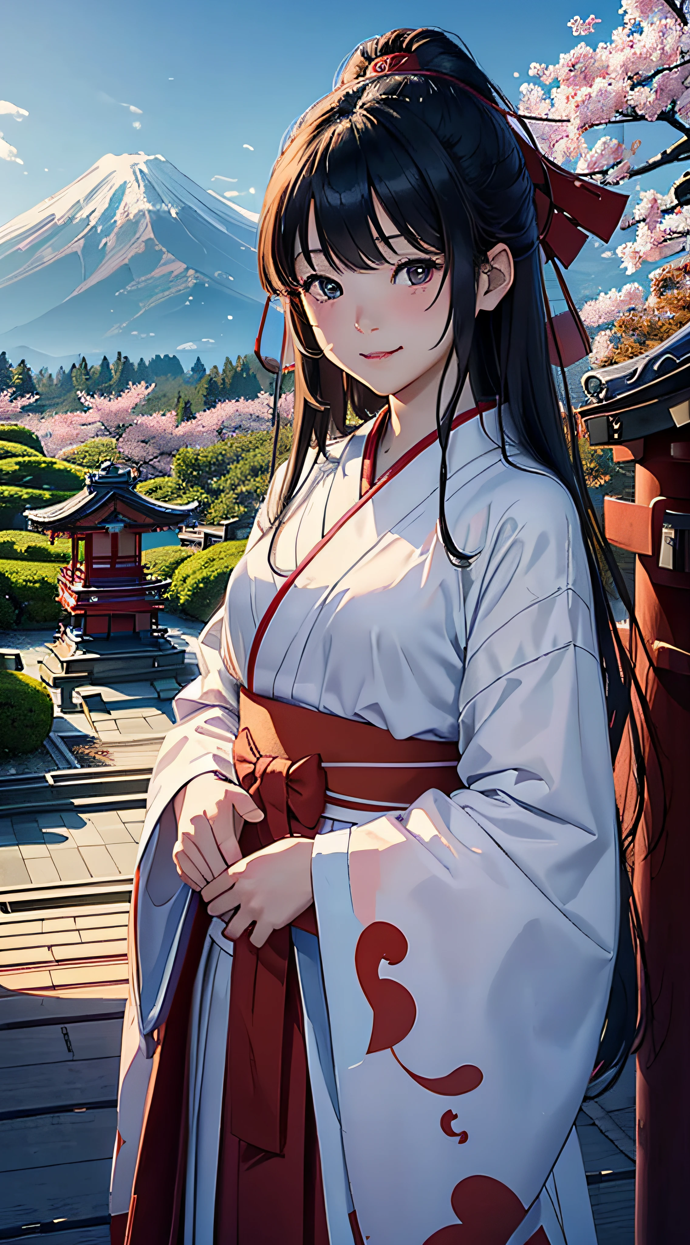 (Japan Beauty、shrine maiden、、Beautuful Women:1.5、cute little、spotless)、(Mountains、cloudiness、disturbing atmosphere)、(Write、a smile、Slightly red cheeks)、shrines