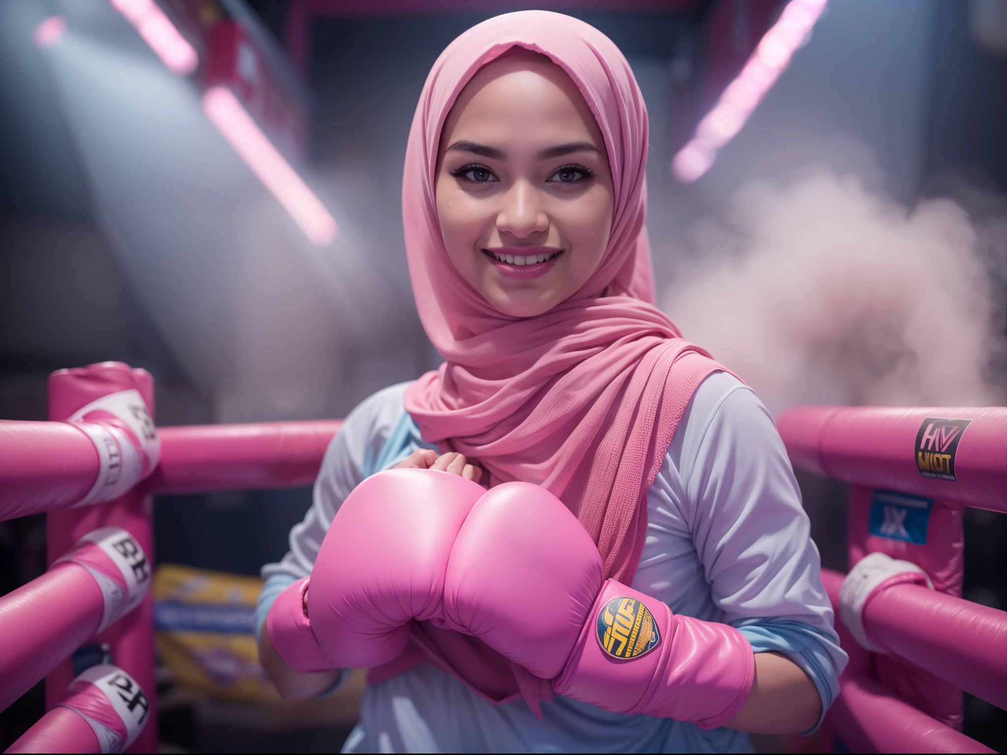 a sserafimsakura, hyper realistic, lifelike texture, dramatic lighting, Nikon RAW photo, 8k, Fujifilm XT3,CitrineDreamMix, masterpiece, best quality, realistic, (photorealistic:1.4), ultra detailed, extremely detailed face, solo,1 malay hijab girl, wearing light blue hijab,standing, (boxing gloves:1), (boxing ring), (smile:1), pink boxing outfit, dramatic and action effect, smoke effect,