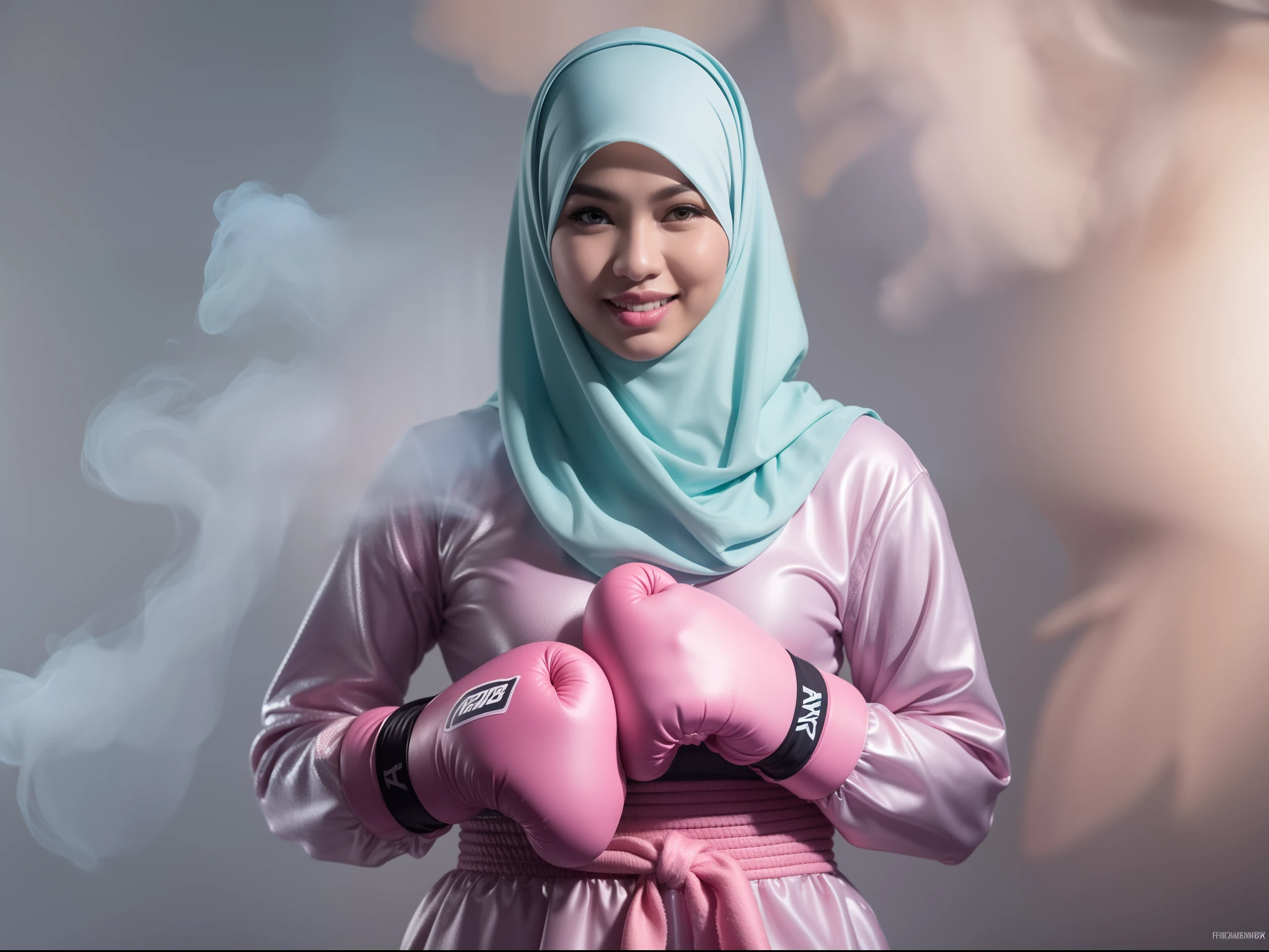 a sserafimsakura, hyper realistic, lifelike texture, dramatic lighting, Nikon RAW photo, 8k, Fujifilm XT3,CitrineDreamMix, masterpiece, best quality, realistic, (photorealistic:1.4), ultra detailed, extremely detailed face, solo,1 malay hijab girl, wearing light blue hijab,standing, (boxing gloves:1), (boxing ring), (smile:1), pink boxing outfit, dramatic and action effect, smoke effect,