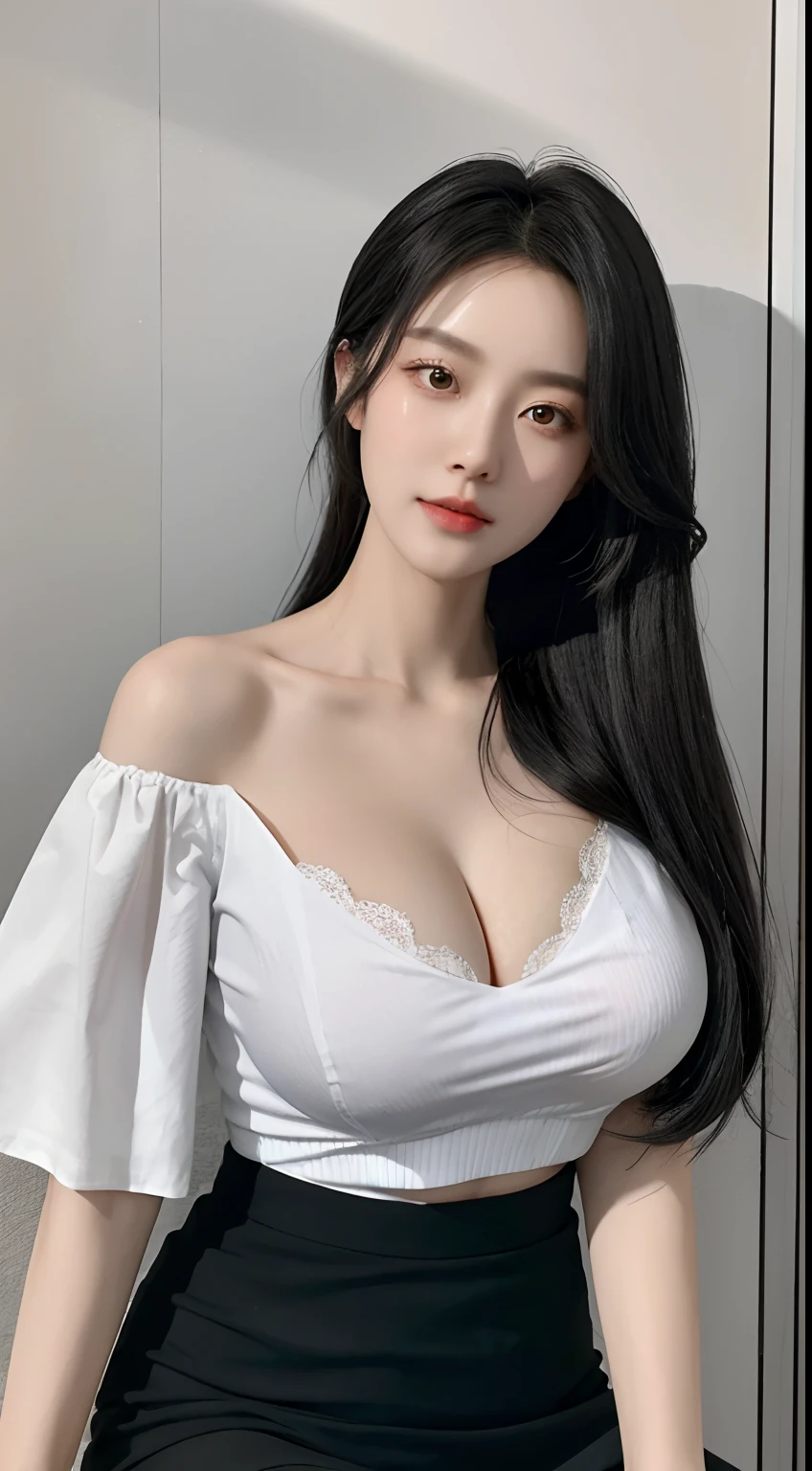 yuyao,best qualtiy,超高分辨率,(Realism:1.4),1girll,Off-the-shoulder white shirt,Black tight skirt,Black collar,(Faded gray hair:1),(gigantic cleavage breasts:1.2),looking at viewert,closeup cleavage,