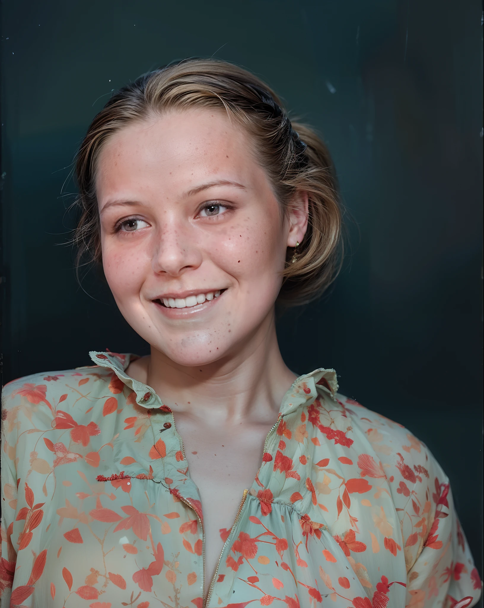 there is a young girl smiling and wearing a floral shirt, color portrait, autochrome pearl portrait, colour portrait photograph, detailed color portrait, photo 2 0 1 0, color studio portrait, portrait of a young teenage girl, portrait of teenage girl, photo portrait, real life portrait, photo of young woman, retouched in photoshop, portrait of white teenage girl, (skin blemish:1.2), (skindentation), freckles, moles, wrinkles, or blemishes, pores, skin texture, and fine lines, realistic, best quality, photorealistic, masterpiece, 8k, high res, solo, extremely detailed face, (professional lighting, bokeh), (light particles, lens flare, glowing particles:0.6), (dynamic pose:1.2), soft lighting, top angle view, fashionable and trendy atmosphere