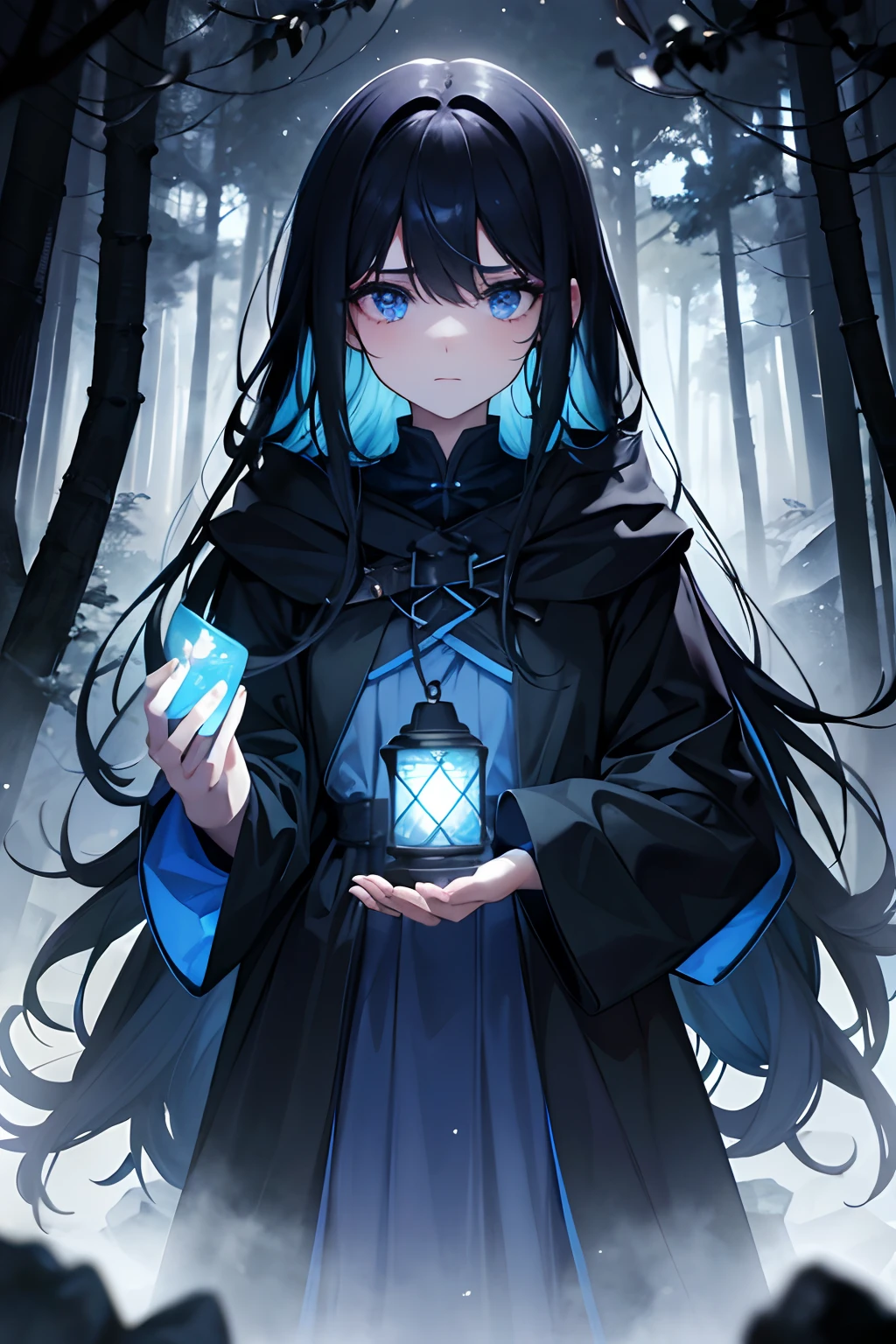 The 14-year-old girl was wearing a black cloak,She has bright dark sea blue hair ,Silent, chill out, She was in the forest,In his left hand, He held a lantern that glowed blue,Mist,Ghastly,Under the veneer of youth,There is an air of grace and death,Ele tem olhos azuis,It is both clear and mysterious,Holding a lantern in both hands