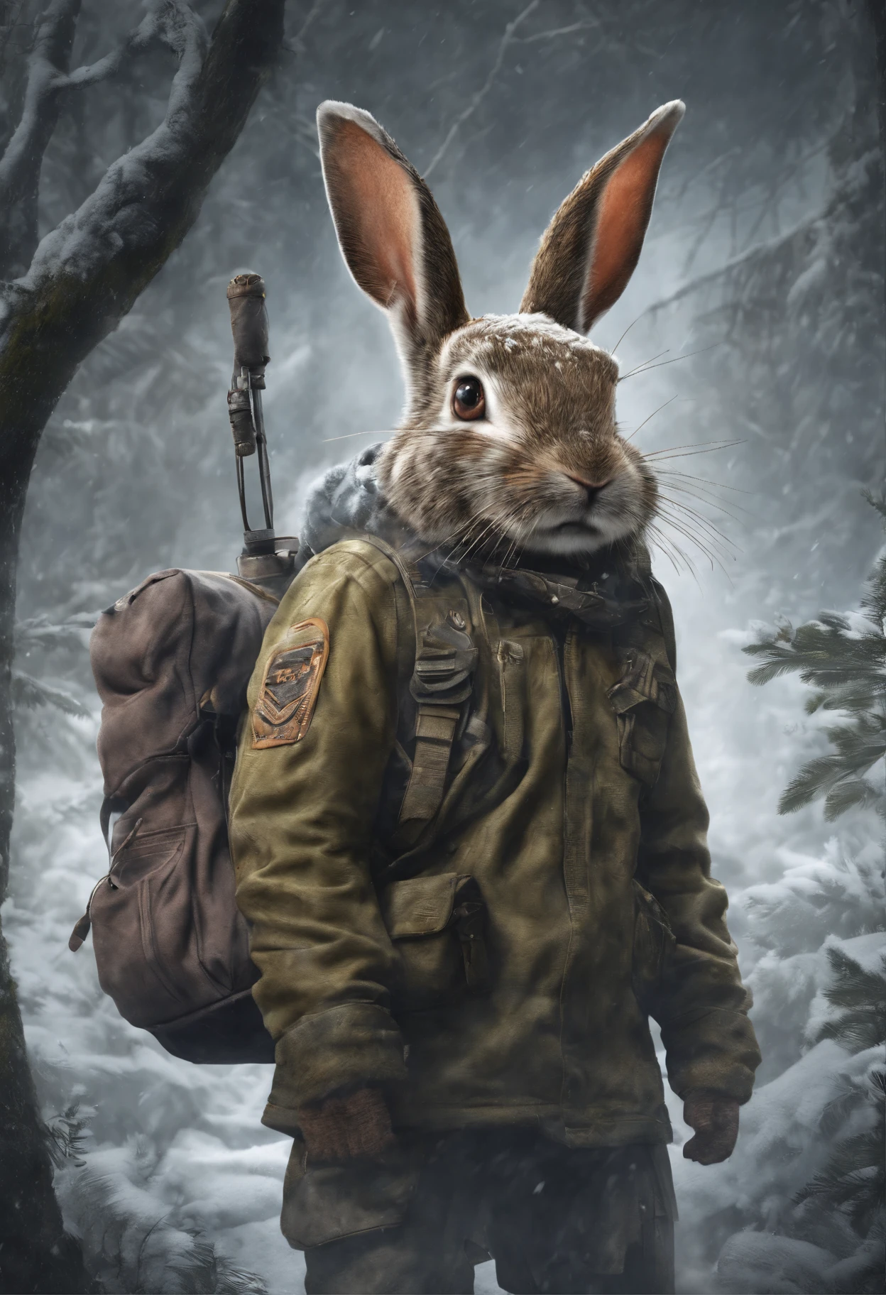 Masterpiece, Best quality, (Very detailed CG Unity 8K wallpapers), (Best quality), (Most Best Illustration), (Best shadows), Mr. Bunny, an adventurer，Wearing an explorer's hat，Carry a bag，Behind him was a dense jungle，depth of fields，Very much detail
