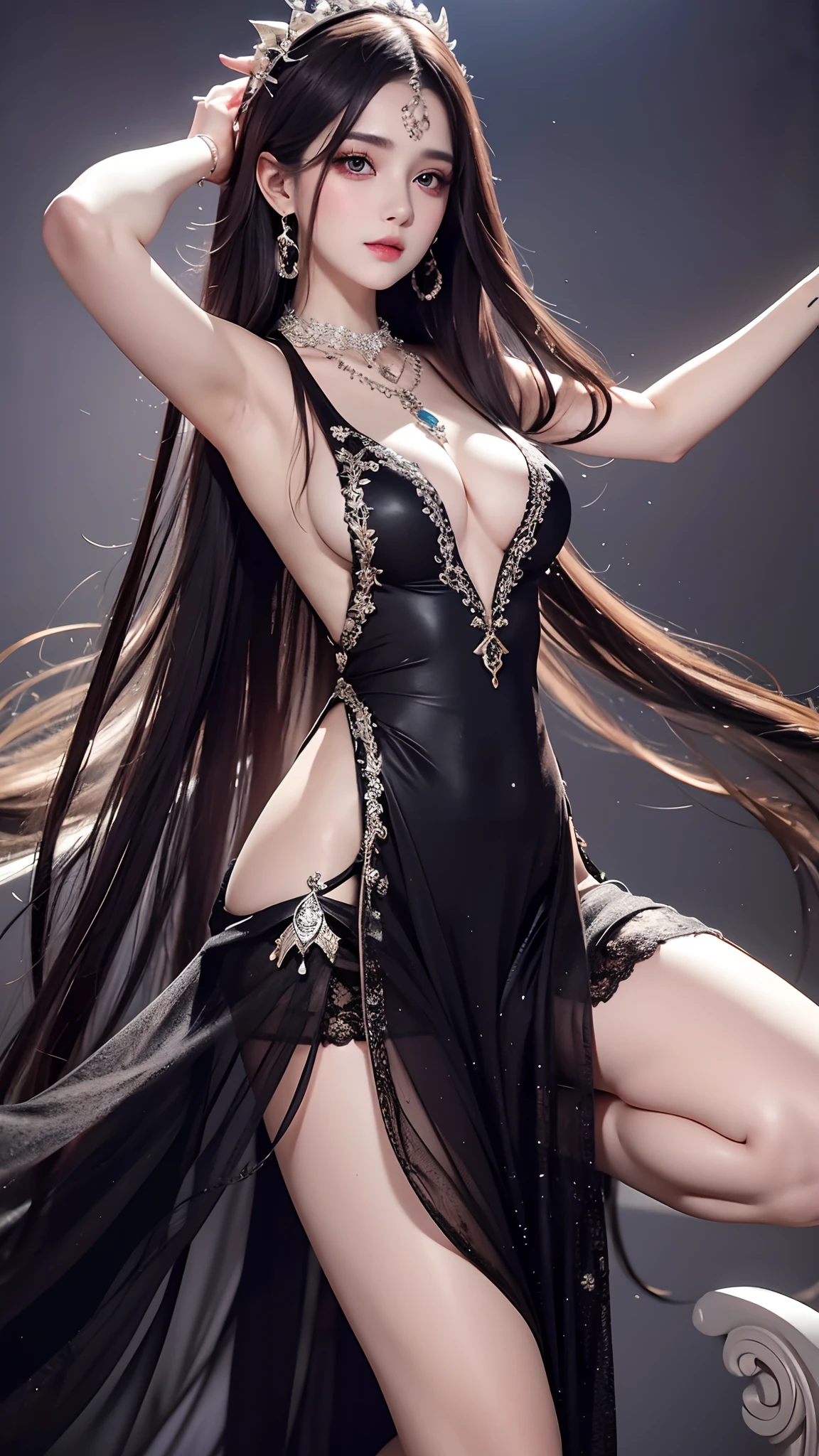 4k ultra HD, masterpiece, broken portrait effect, 1 girl, good face, very long hair, spreading hair, hair ornament, realistic eyes, detailed eyes, medium breasts, transparent fairy dress, black dress, lace, wearing lot of jewellery, necklace, earrings, galexy background, futuristic, 3d image, dancing poses,