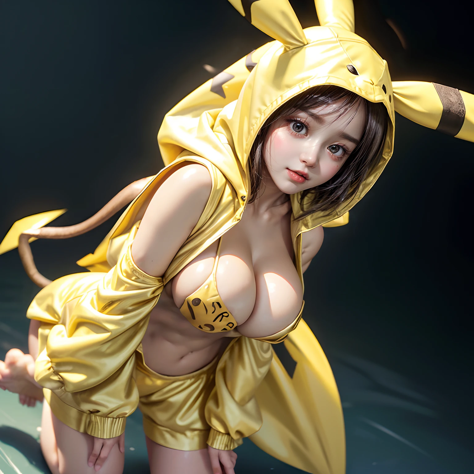 ((SFW, full body:1.35))、****, 7 Oppai-**** girls in Cosplay、Pikachu, (moe sleeves, yellow Pikachu suits with full opened front zipper、(Pikachu hood))、Floating hair、((Masterpiece:1.25, Photorealsitic:1.37))、8K Bestquality、((Detailed KAWAII Face))、Bright Shining Perfect eyes、{(Childish:1.2)| no underwear but Nipples are hidden|gold tape|(gold nipple stickers)|(Gigantic Cleavage:1.37)}、(Detailed glistening ivory skin)、extremely detailed、{((Yellow Pikachu hood))}、Smooth shading、Soft Lighting with many Follow lights、clear focused、bokeH、Crowded city background、Vivid colors, {(shouting)| Trick or treat|mischievous smile}, Overflowing、Biomechanical HUGE and HEAVY boob, {Ass focus| ((grabbing chests))| hidden hands| thumbs up| face focus},(((nabel, no extra hands, correct fingers, nipples are not visible))),