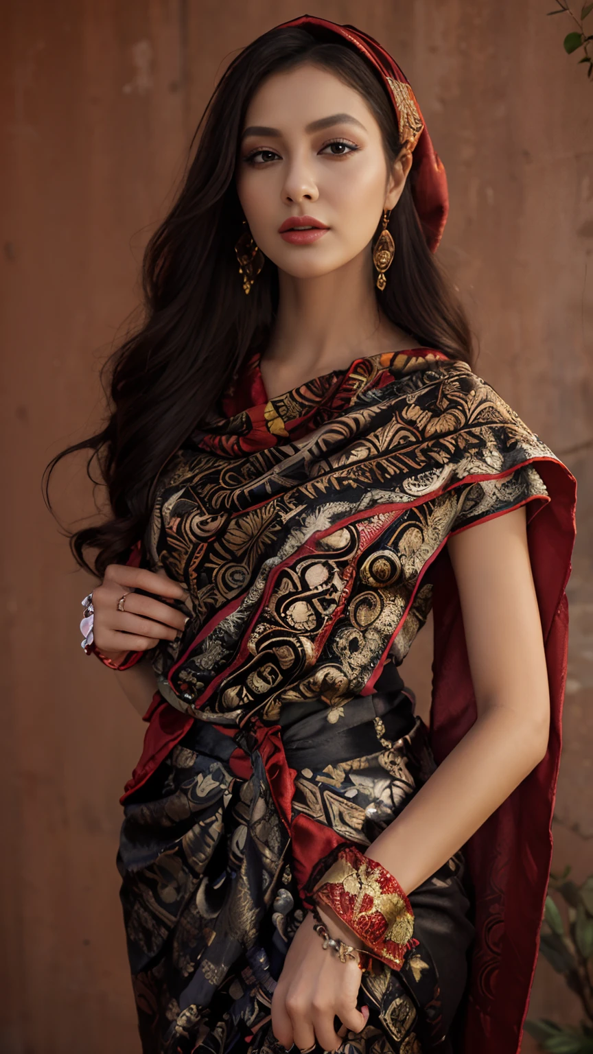 Masterpiece, Best Quality, 3D Rip Artwork, 3DMM Style, Close-up, Portrait, Realism, a woman beautifully makeup, eyeshadow, Parted Lips, Challenge Eye, beautiful big eyes, long eye lashes, wearing ((red and black satin headscarf)), loosely tide hijab style, (( satin shirt)), ((batik satin long maxi skirt)), strolling on a trail in the spring, garden, river
