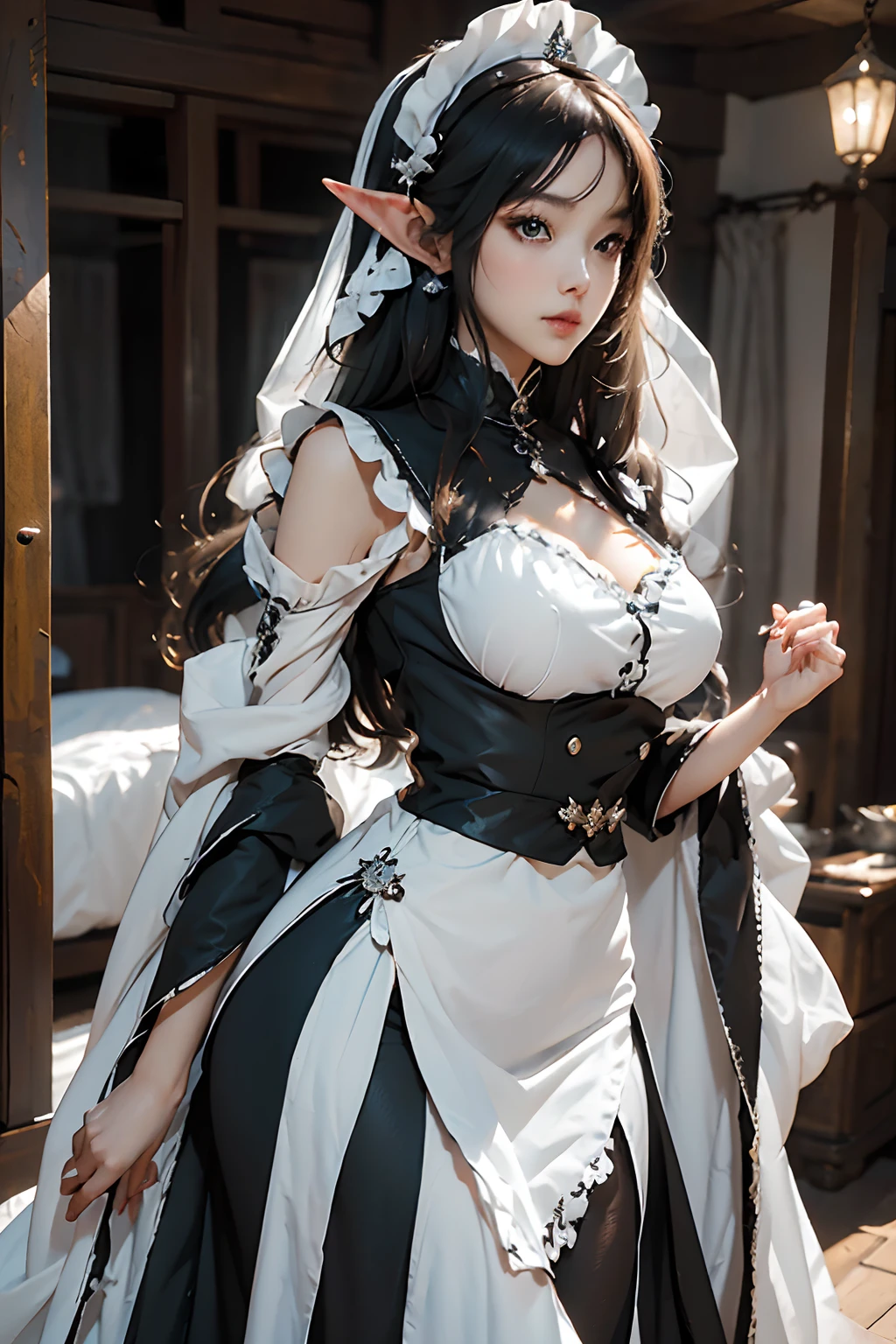 The woman, (European Citizenship: 1.2) In a black and white outfit posing for a photo, maiden! Dress, Anime Girl Cosplay, anime girl in a maid costume, The Magnificent Maiden, maid outfit, cosplay photo, cosplay, anime cosplay, A Few Cute Poses, (Face of the Goddess), (Elegant posture: 1.4), Elegant atmosphere, Noble atmosphere, (Milf: 1.6) (maidservant: 1.4), (Black and White Maid Outfit: 1.1), (Incredible beauty, High facial detail:1.3), (elegant, elongated, pointy elf ears: 1.5), (Graceful Elf: 1.4)