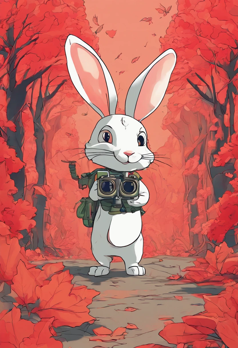 (A rabbit with binoculars stands on the path between the autumn leaves), (Side photo:1.37),(Binoculars around the neck),hairy, Big green bright eyes, (Binoculars hanging from your chest:1.37), The rabbit wears a stylish green adventure outfit,green shorts, Wear red hiking boots on your feet, cute ears, (Green camping hat, Carry a green backpack with you, trowels, camping equipment, compass,)
(Curious to explore expressions:1.37), Exaggerated,Cartoon, 4D, Fox,at centre,Three-point system
Add a little background: Autumn Leaf Forest Trail Red Forest, autumn forest, red illuminating fog, In a red dream, really beautiful forest, Beautiful forest, Beautiful hazy wood, Red shade spray, Breathable and beautiful trees, breath-taking beautiful trees, red fog, beautiful forests and trees, Bright but dark red, red trees, a 3D render
{{Masterpiece}}, {{{Best quality}}}, {{Ultra-detailed}}, {{{illustration}}},concept art of character,Game scene graph,Clear facial features,close up photograph,Photography,postapocalyptic,Masterpiece,archviz/building rendering,rendering,corona rendered,rendering by octane,v-ray,High detail,hyper qualit,high resolution,trending on artstationh,hyper photorealism,surrealism,k hd,8K tilt shift,Long shot,Split Lighting,
