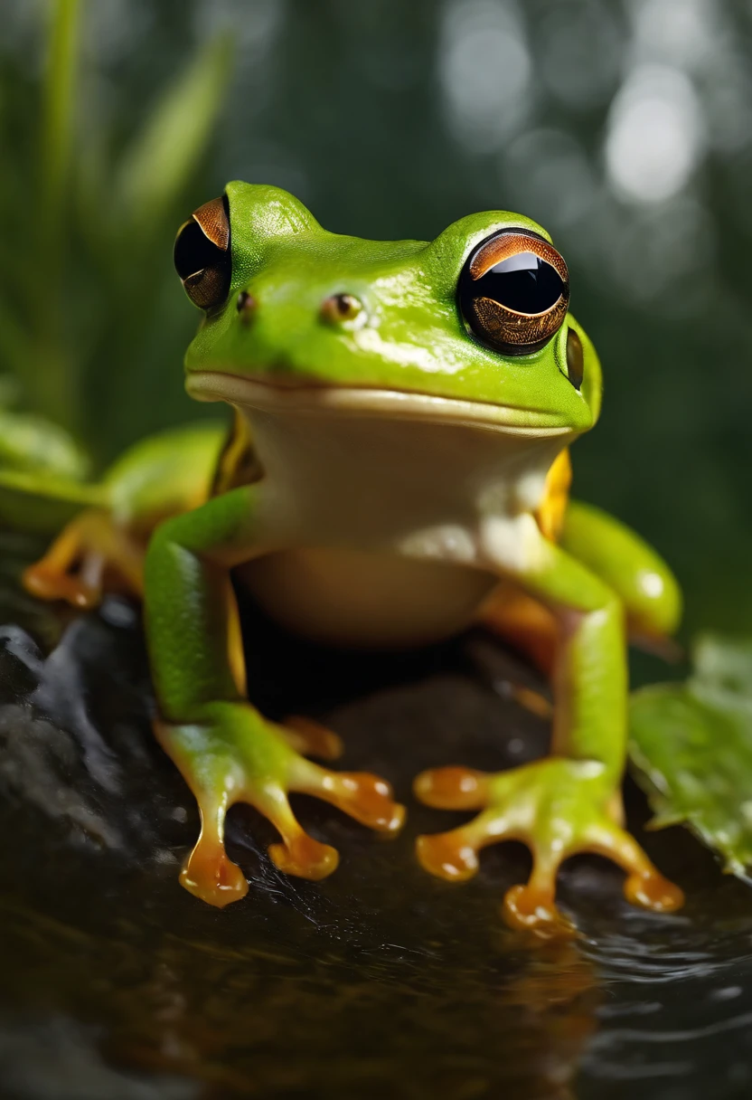 A cute frog。(Cinematic lighting, first person perspective, angle of view, in a panoramic view, Ultra-wide angle, hyper HD, Anatomically correct, Masterpiece, ccurate, Award-Awarded, Best quality)，Dressed Animals page