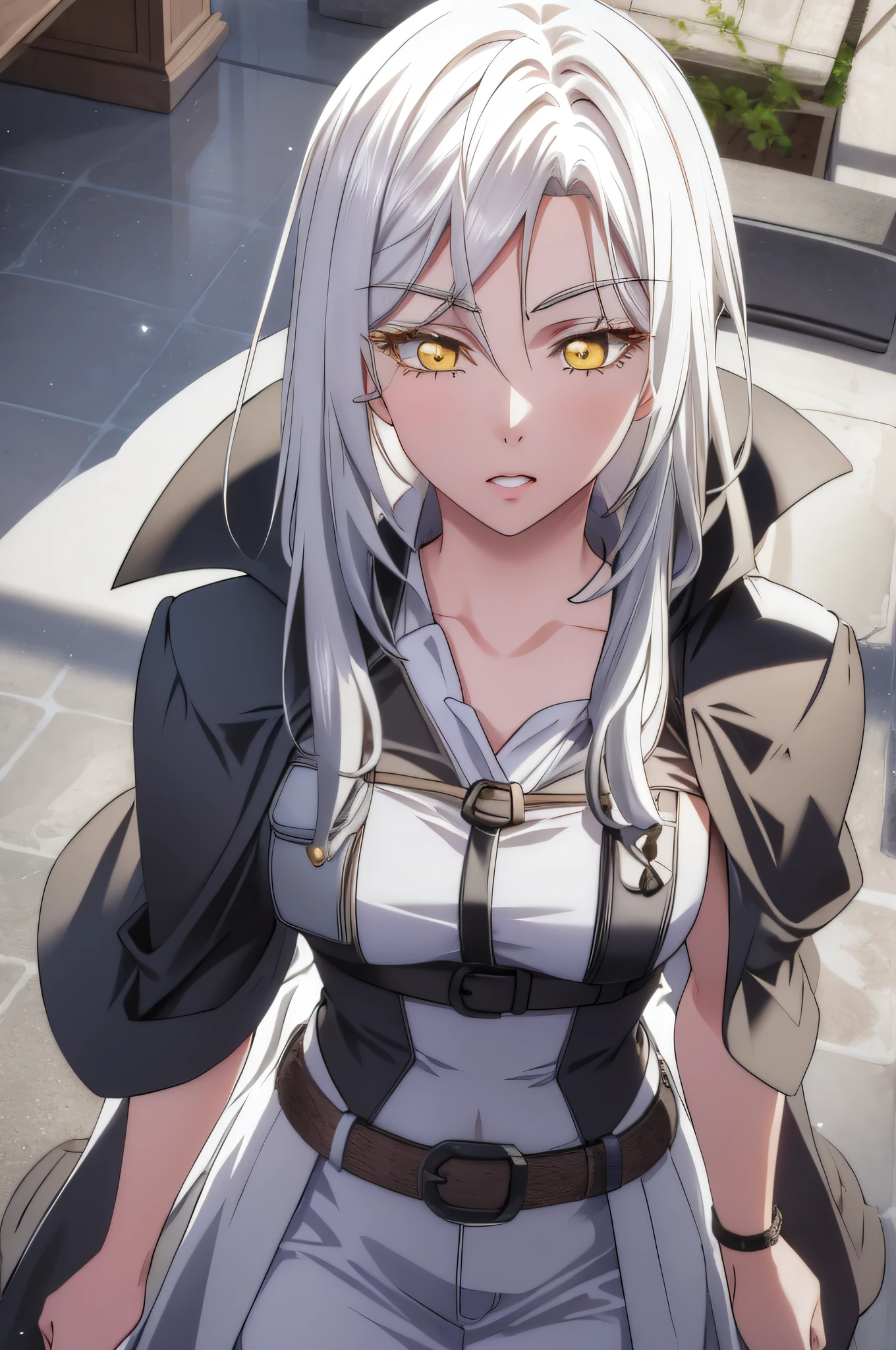 1girl, deepthroat, pov hands, irrumatio, wide-eyed, constricted pupils, angry, indoors, office, masterpiece, best quality, highly detailed, absurdres, white hair,blue eyes