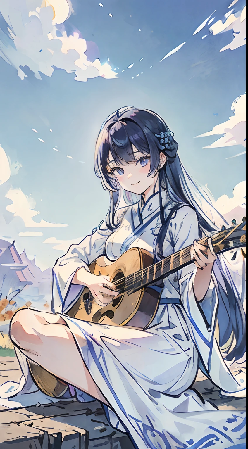 beautiful dragon girl, playing a solo piece on a skull-made sheet music, with long hair glowing in light blue, highly detailed blue-purple eyes, (a park), a kind smile full of vitality, blue sky, fluffy white clouds, sunlight shining, an autumn-themed long-sleeved dress with geometric patterns