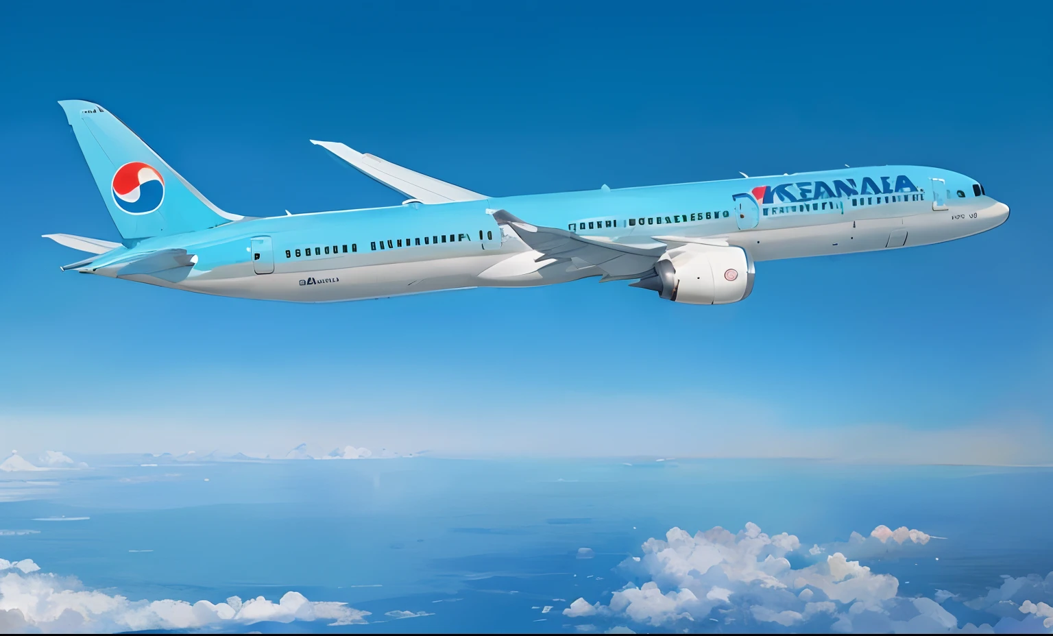 Araplan flying in the sky with a national flag on its tail, Korean, aircraft, airplane, airplane, Realistic images, taejune kim, korean artist, Boeing Concept Art Painting, Boeing Concept Art, plane, 🤬 🤮 💕 🎀, Photo 85mm, Kim Hyun-joo / Kim Hyun Joo, Photo Rendering, 🕹️ 😎 🔫 🤖 🚬 --auto