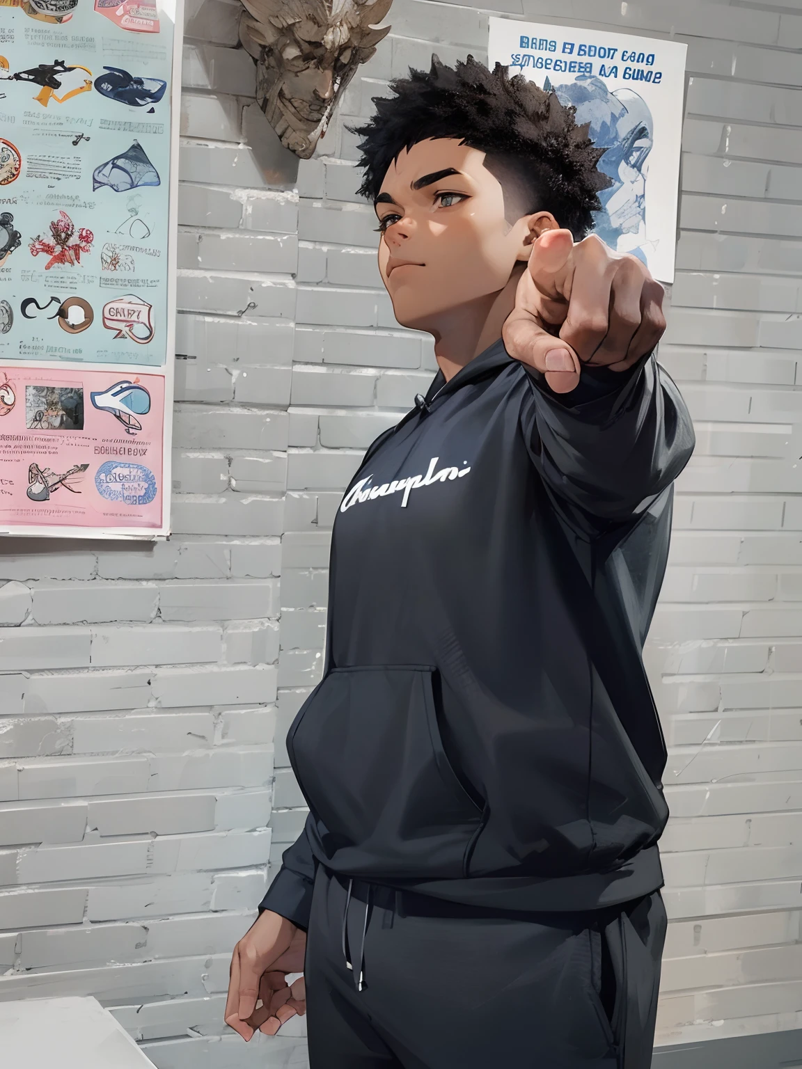 there is a man pointing at something in a room, champion, black teenage boy, mid shot portrait, medium full shot, triumphant pose, official product photo, black haired man wearing hoodie, profile shot, man wearing hoodie, photo shoot, in a medium full shot, wearing a black hoodie, in an action pose, young black man, muscular, muscular arms, chiseled jawline, refined features