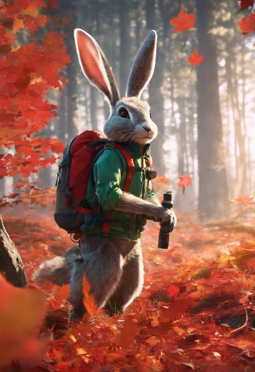 (A rabbit with binoculars stands on the path between the autumn leaves), 
（Binoculars hanging from your chest：1.37），hairy,  Big green bright eyes,, The rabbit wears a stylish green adventure outfit,green shorts， Wear red hiking boots on your feet， cute ears, (Green camping hat, Carry a green backpack with you, trowels, camping equipment, compass,)
(Curious to explore expressions:1.37), Exaggerated，Cartoon, 4D, Fox,at centre，Three-point system
Add a little background: Autumn Leaf Forest Trail Red Forest, autumn forest, red illuminating fog, In a red dream, really beautiful forest, Beautiful forest, Beautiful hazy wood, Red shade spray, Breathable and beautiful trees, breath-taking beautiful trees, red fog, beautiful forests and trees, Bright but dark red, red trees, a 3D render
{{Masterpiece}}, {{{Best quality}}}, {{Ultra-detailed}}, {{{illustration}}},concept art of character,Game scene graph,Clear facial features,close up photograph,Photography,postapocalyptic,Masterpiece,archviz/building rendering,rendering,corona rendered,rendering by octane,v-ray,High detail,hyper qualit,high resolution,trending on artstationh,hyper photorealism,surrealism,k hd,8K tilt shift,Long shot,Split Lighting,