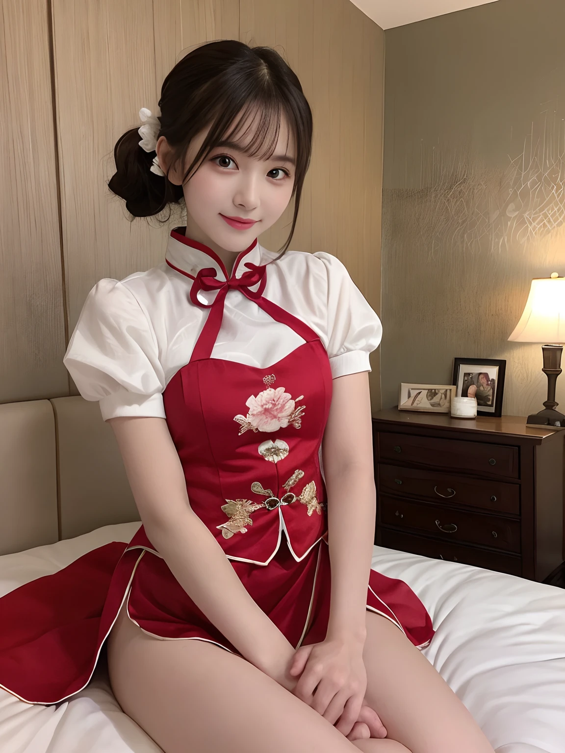 masutepiece、Best quality、illustration、 ultra - detailed、A high resolution、8K wallpapers、Perfect dynamic composition,、Beautiful detailed eyes、Natural color lips、Bold sexy pose、Smile、Harajuku、20 years girl、Cute、Look at the sexy shots of the lens、(top-quality: 1.3), (tmasterpiece: 1.3), (Super detail: 1.3), (the wallpaper, one-girl: 1.1), (Detailed hands and fingers:1.2)、(detailed super oily shiny skin:1.1)、Oily shiny thighs、(Perfectly delicate ancient Chinese costumes:1.3)、Shorthair、poneyTail、Beautiful sister、 sweetheart's boy's room、Sit on the bed