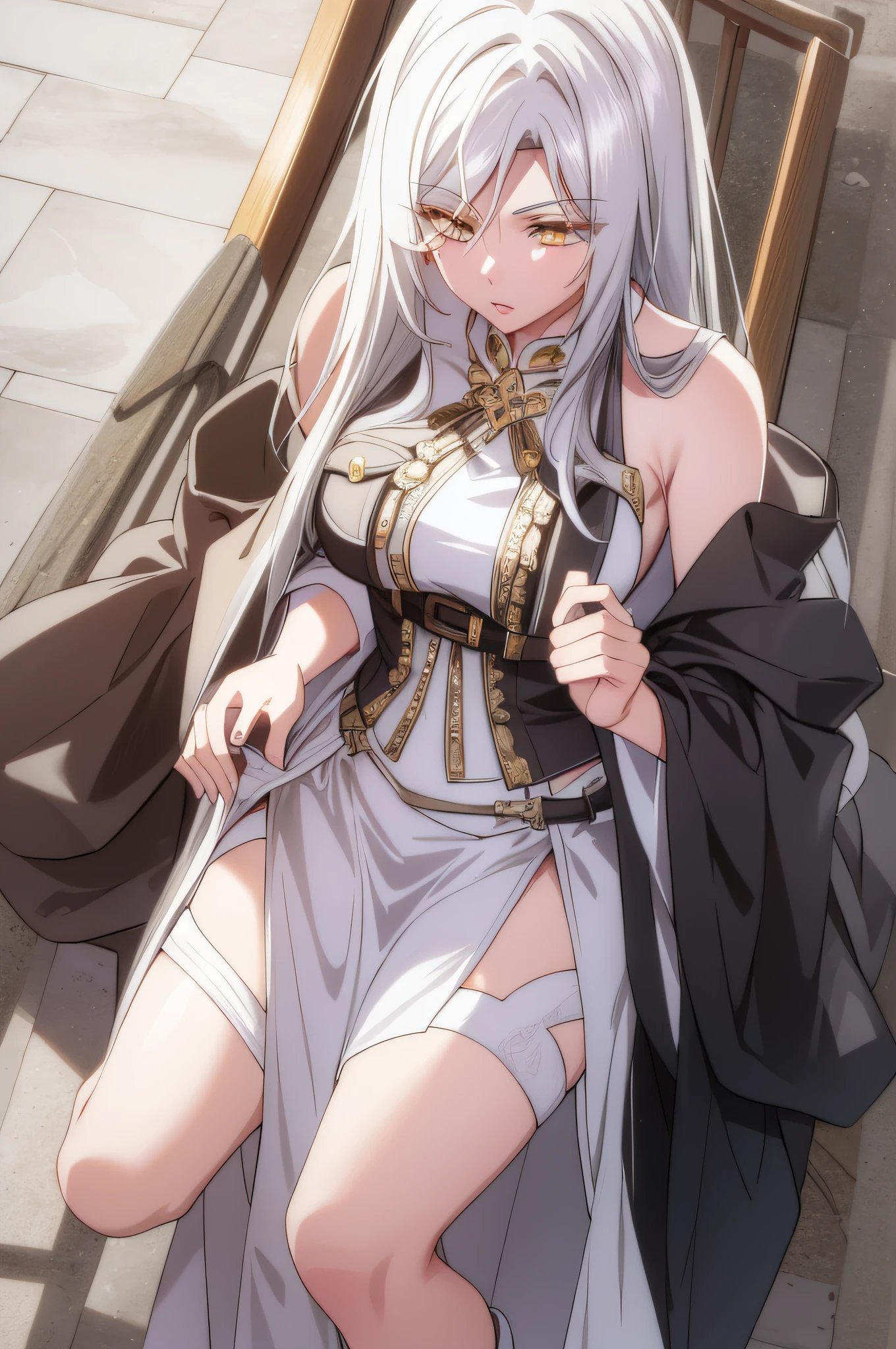 1girl, (Obra maestra:1.3), (High resolution), (8k), (extremadamente detallado), (4k), (Pixiv), Cara perfecta, Ojos y cara bonitos, (La mejor calidad), (Super detailed), Cara y ojos detallados, (solamente), piel texturizada, absurdos, Altas Resoluciones, wz_Schmidt_no_helar_estilo, wz_Schmidt_no_helar_estilo, colas gemelas, Pelo muy largo, cabello plateado, orejas puntiagudas, Once, Capelet blanco, ojos verdes, pantimedias negras, Pendientes, falda blanca, beltt, Mangas blancas, Pov, SOnceie, luz, They are smiling, rayos de luz, luz del sol, mariposa, Hierba, Calle de piedra, big tits, tits, half naked, spread legs, pezones grandes, tetas colosales, sin ropa superior