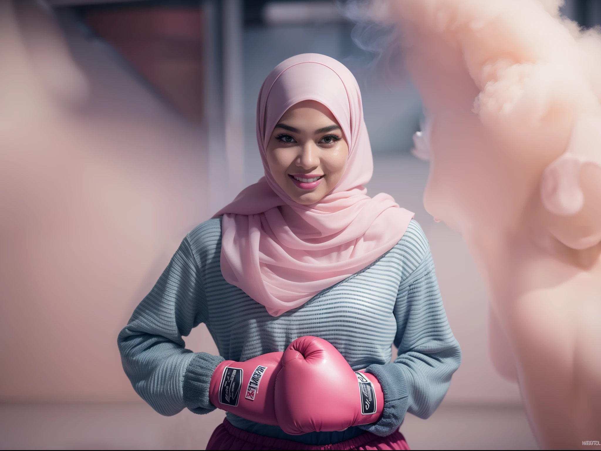 a sserafimsakura, hyper realistic, lifelike texture, dramatic lighting, Nikon RAW photo, 8k, Fujifilm XT3,CitrineDreamMix, masterpiece, best quality, realistic, (photorealistic:1.4), ultra detailed, extremely detailed face, solo,1 malay hijab girl, wearing light blue hijab,standing, (boxing gloves:1), (boxing ring), (smile:1), pink boxing outfit, dramatic and action effect, smoke effect,