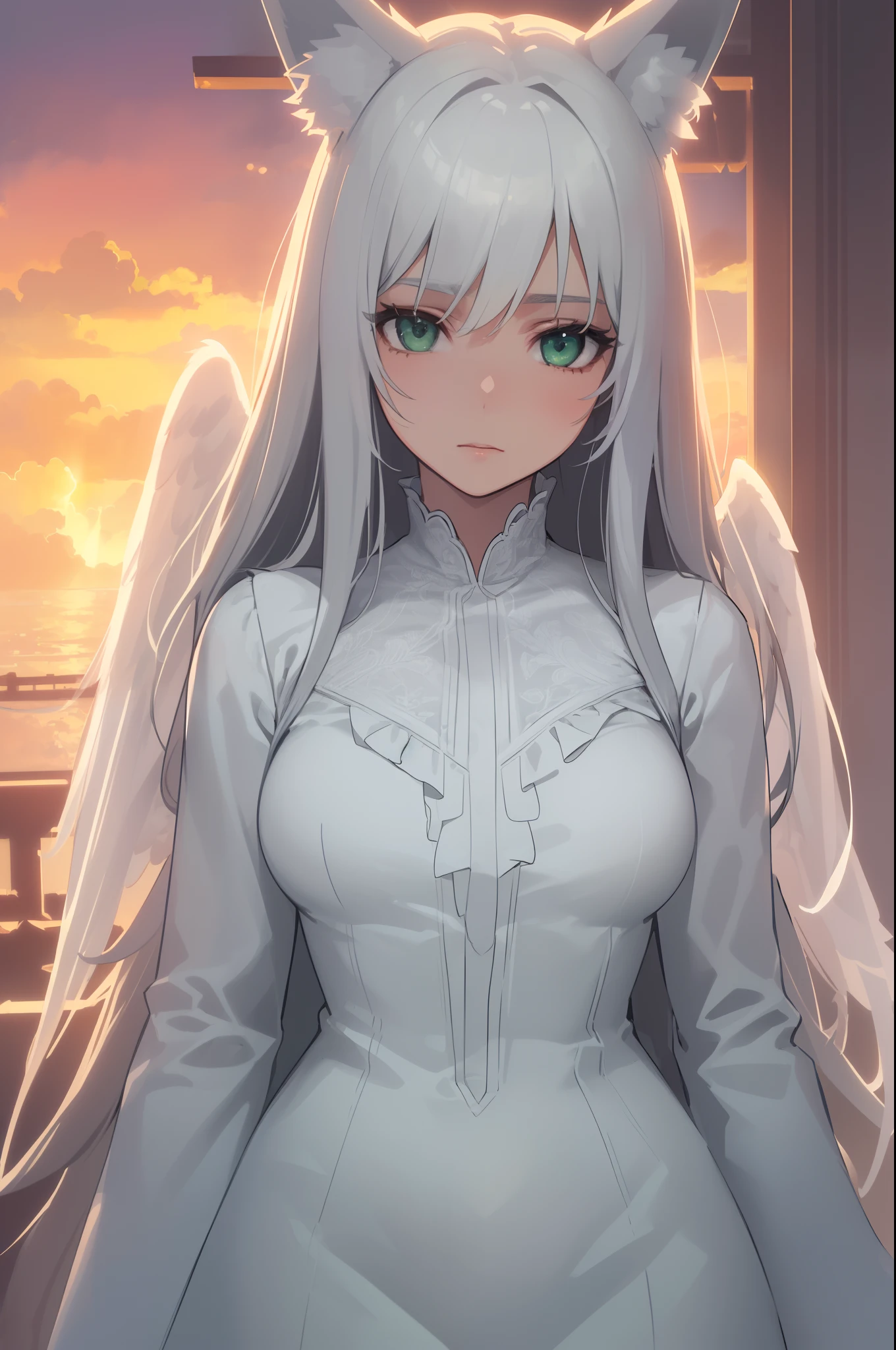 ((best quality, highly detailed, masterpiece)), (intricate, absurdres, volumetric lighting, (anime screencap), beautiful, stunning, expressive eyes, perfect face, foxgirl, 1 girl, (((fox ears))), (((white angel wings))), clouds, who body, (((detailed environment))), sunset, sunrays, backlight, reaching to viewer, realistic, ,  (detailed two-toned hair:1.1), gradient, ((grey and white hair:1.2)), side locks, (beautiful detailed green eyes), perfect hands, wide hips, pastel green clothes, frills, patterned blouse, medium breasts, an extremely delicate and beautiful fabric, illustration, cinematic lighting, delicate, fleeting, ephemeral, bloom