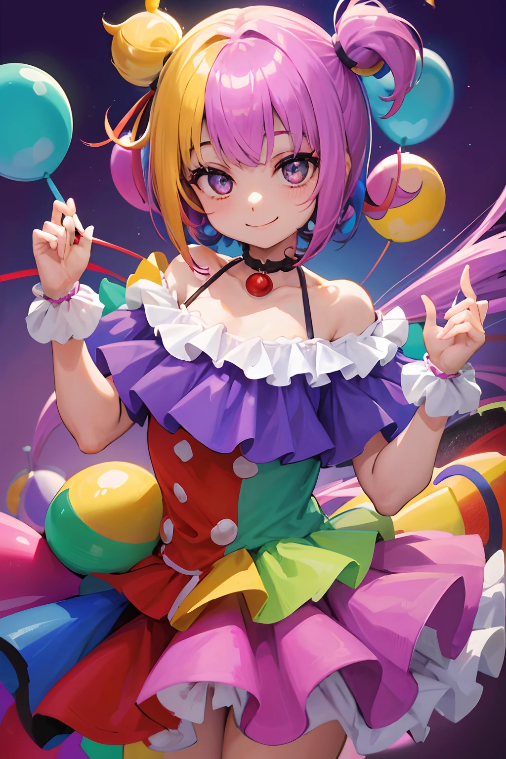  cabelos brancos withe, clown costume smiling, cenario terror com outra meninaos lilas, olhos lilas, cabelos longos, clown costume smiling,
