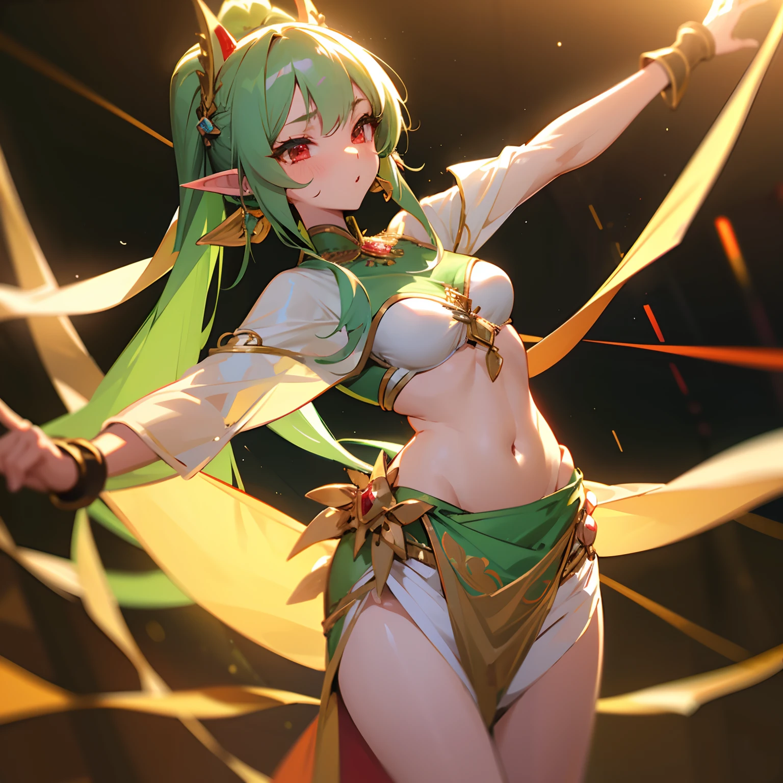 NSFW Kawaii Girl Green Twin Tail Hair red eyes Elven ears small tits teats Arabian Night Arabian Dancer Costume Pedras preciosas Dancing on stage Sheer clothes Sexy figure Sexy gaze spot light pole dance Open your crotch