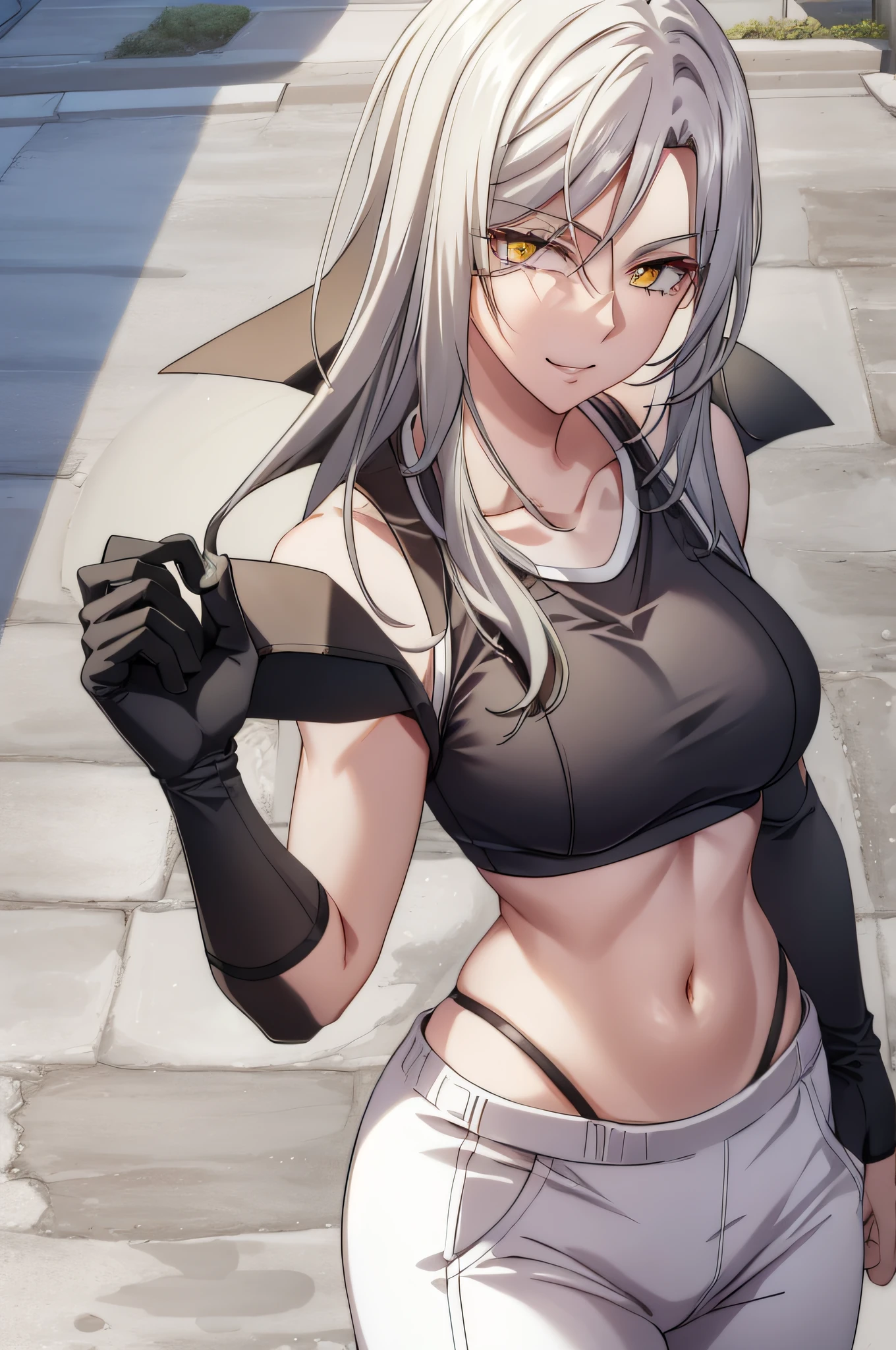 white hair, yellow eyes,masterpiece, best quality, photorealistic, yujiasuit, yoga sports bra, yoga pants, 1girl, solo, , yoga ball, pants, looking at viewer, smile, green sports bra, simple background, , midriff, long hair, breasts, green pants, sportswear, tank top, upper body,