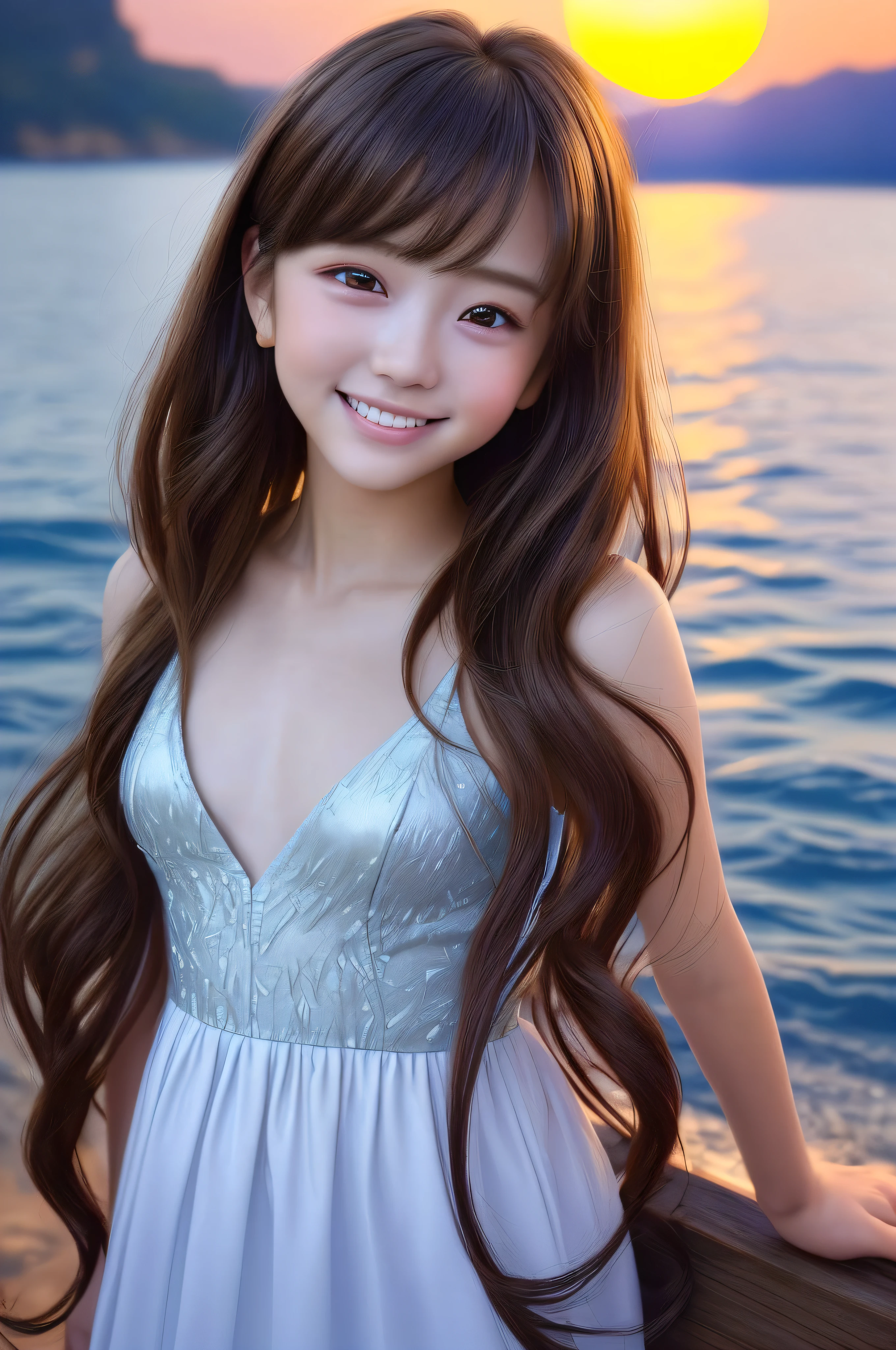 only one girl、((perfect bodies)))、(tmasterpiece)、((top-quality))、(ultra - detailed)、((Extremely Delicately Beautiful))、(((very shallow depth of field)))、NFFSW,(((unbelievable Ridiculous)))、((perfect bodies)))、(((brunette color hair)))、(((short detailed hair)))、(Okabo Hair)、(((Looking at the camera)))、(((small tits)))、(((The best smile that makes you happy)))、String Camisole Dress、Mare+Background with、dynamic ungle、female focus on、{Particles of Light}、Meticulous background、((Paul Hedley)))、Soft lighting、(Dramatic sunset)、Evening glow、Very beautiful sunsets、Live action、hentail realism、Angle from Above、cute smiling face、(The background is blurred)、12year old、being thin、((ventania))、(((sport)))、(((Emotional)))、((Extremely colorful))、((a baby face))、((Beautiful teeth)) 、WRAL、background of the sea