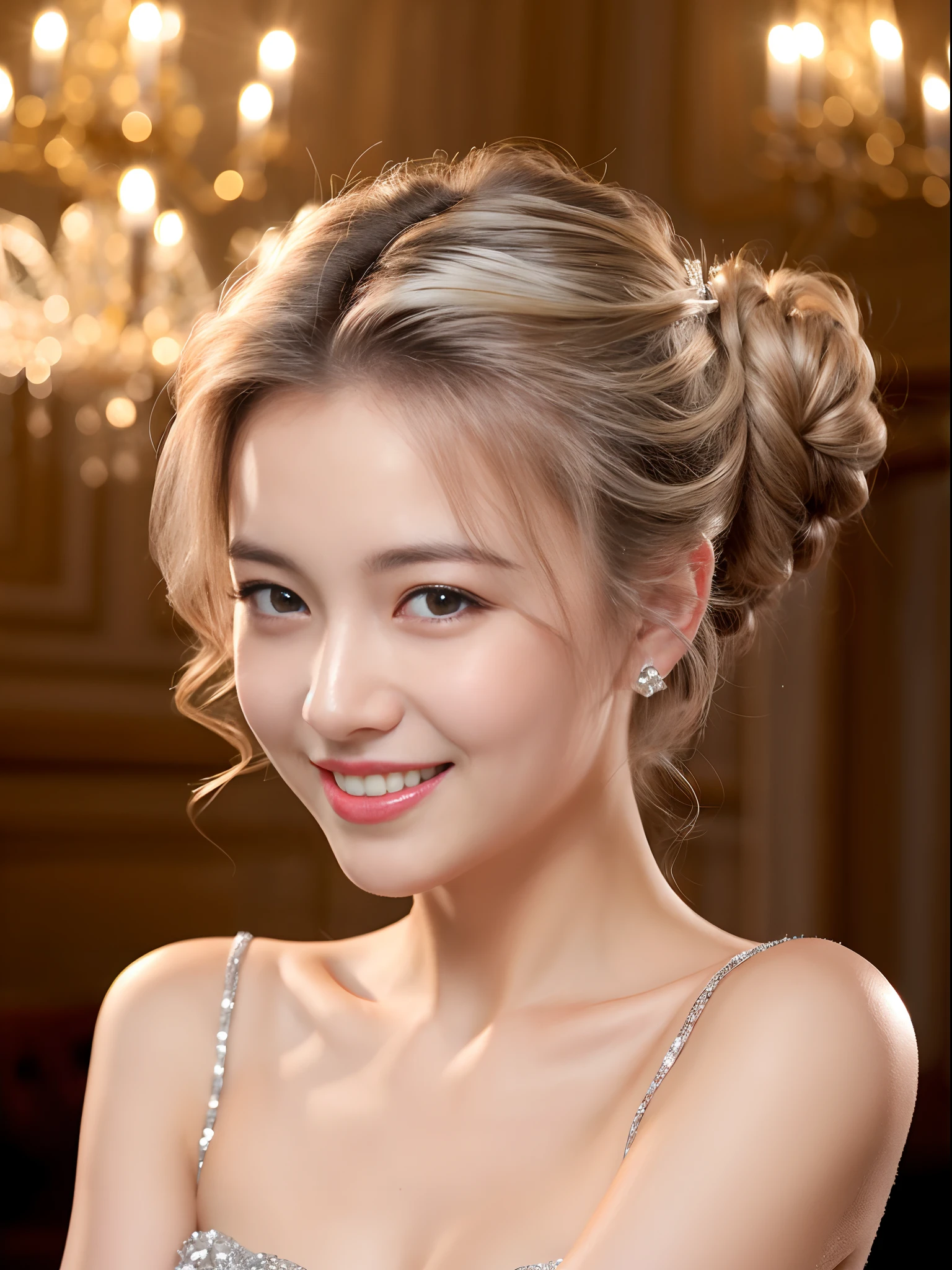 Best quality, masterpiece, ultra high res, (photorealistic:1.4), raw photo, 1girl, silver hair, Formal Updo,shiny skin, dramatic lighting,(smile:1.2)