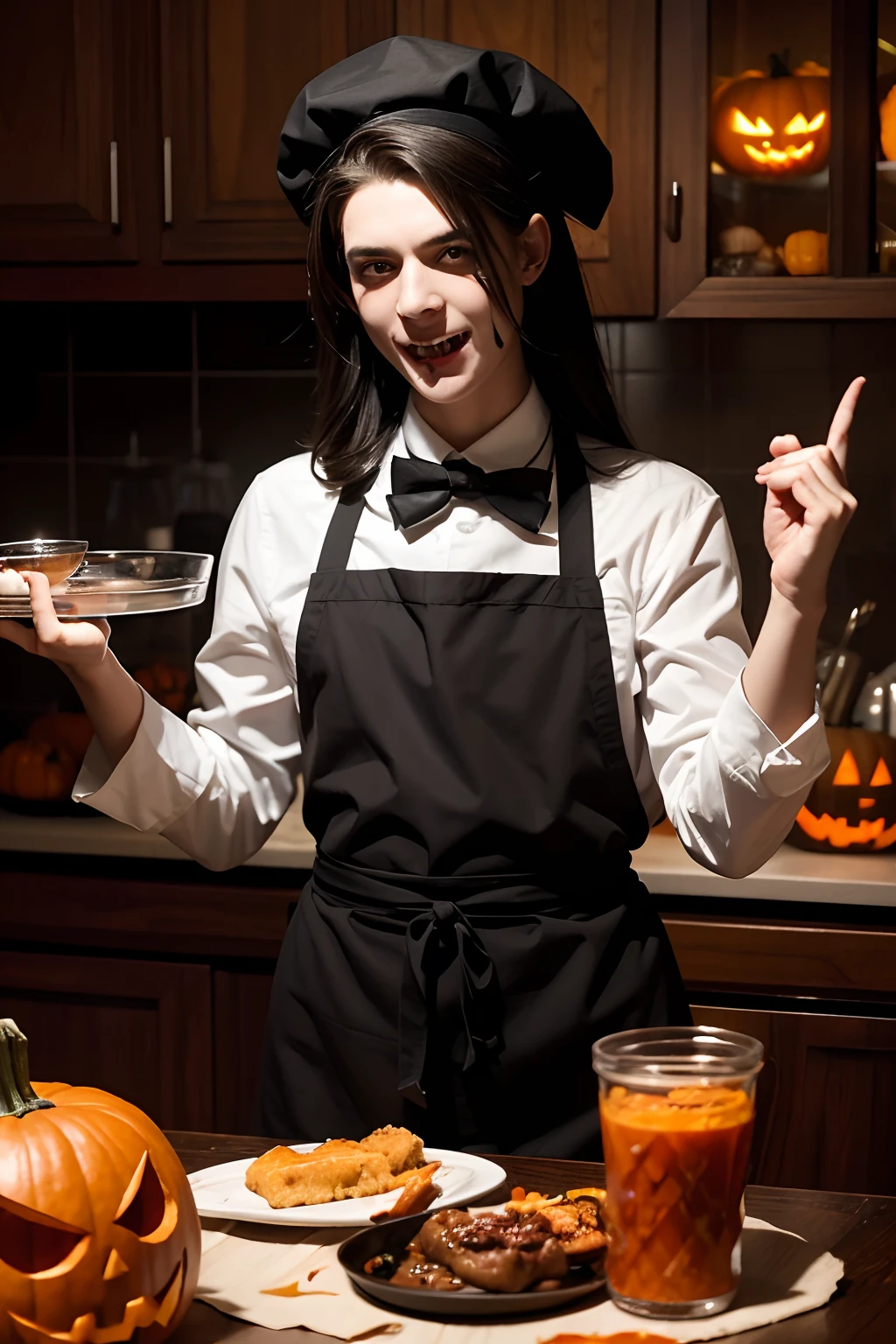 Fat vampire chef cooking dinner for Halloween. Evil Red Eyes, blood on the face, vampire teeth. white apron and white cap. Flying bats. Pumpkins and blood on the table. The eyes are stored in a glass jar. Cook Scary Posing. Halloween, Lots of pumpkins. Halloween Art Style, Cannibal cook in an apron, inspired by Thomas Nast, In the style of Mike Sawad", Halloween, Halloween atmosphere, based on Alfred Freddie Krupa, Randy Gallegos