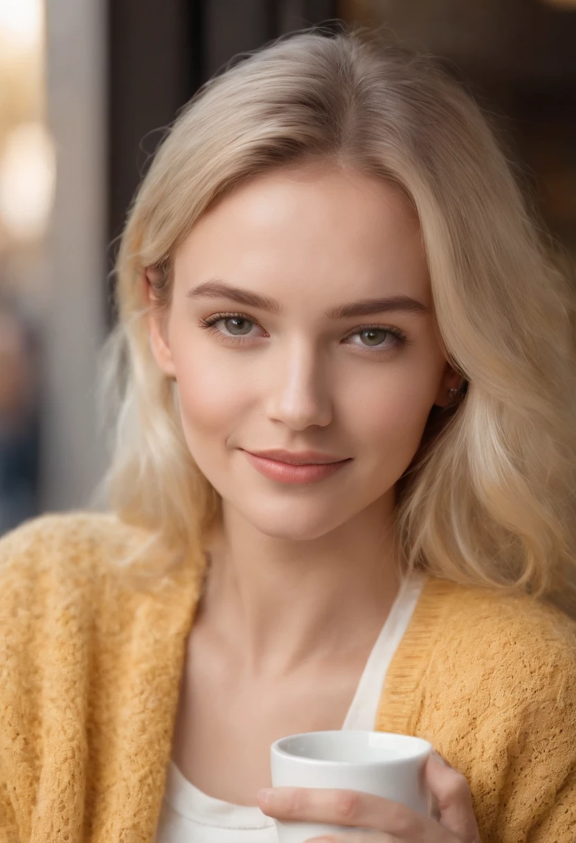 Cute beautiful blonde with yellow sweater (Drinking coffee in a modern café at sunset), sehr detailliert, 14 Jahre alt, unschuldiges Gesicht, blond wavy hair, blaue Augen, high-res, Meisterwerk, best qulaity, komplizierte Details, sehr detailliert, scharf Fokus, detaillierte Haut, realistische Hauttextur, Textur, detaillierte Augen, professionell, 4k, charming smile, aufgenommen mit Canon, 85 mm, light depth of field, Kodak Vision-Farbe, perfectly fitting body, extrem detailliert, Foto_\(ultra\), fotorealistisch, realistisch, Nachbearbeitung, maximale Details, Rauheit, echtes Leben, ultrarealistisch, Fotorealismus, Fotografie, 8k uhd, Fotografie