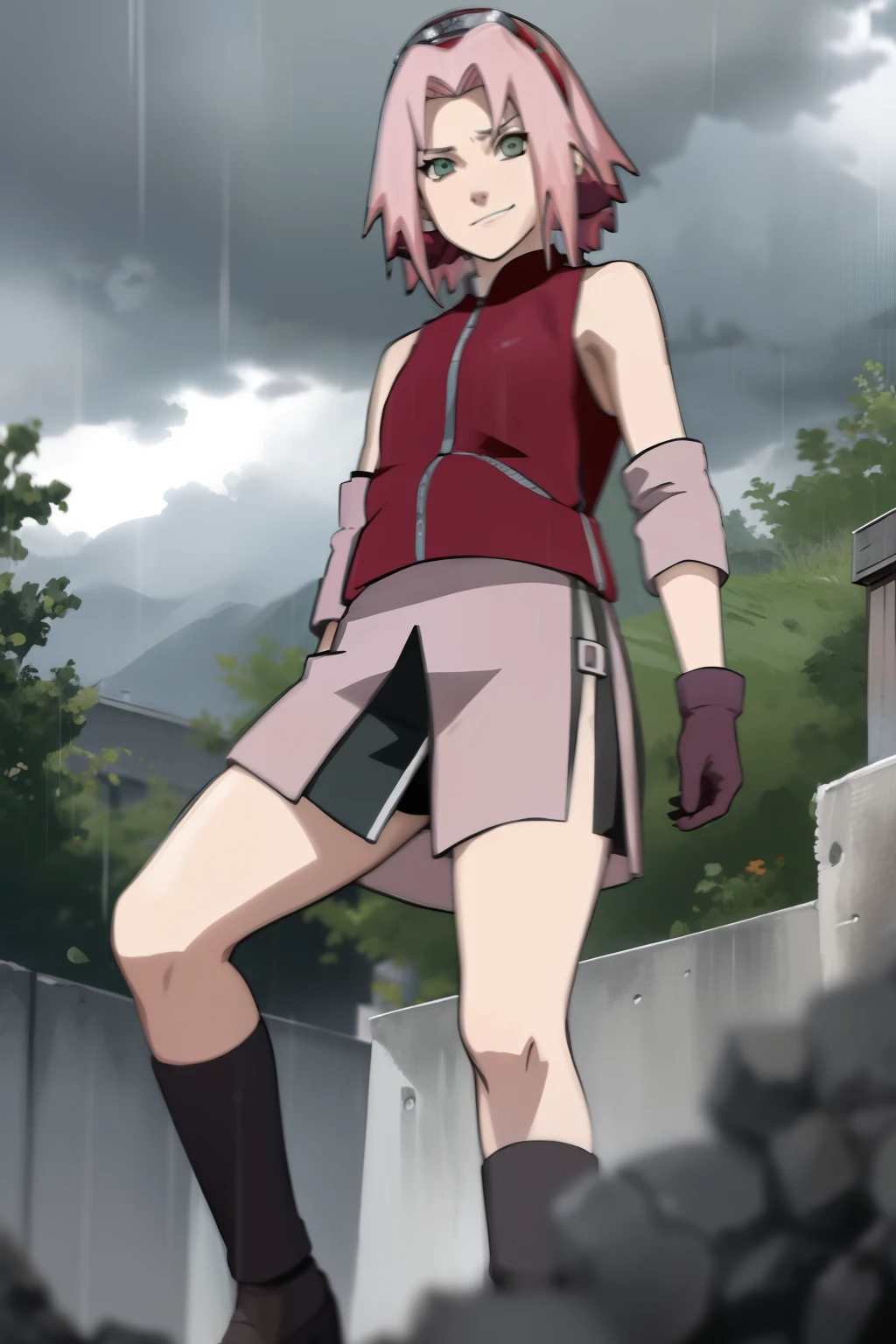 score_9, score_8_up, score_7_up, score_6_up, score_5_up, score_4_up, BREAK, source_anime,
1girl, haruno sakura, pink hair, short hair, green eyes, sleeveless, red shirt, forehead protector, beautiful legs, black gloves,
standing, pussy, bottomless, full body, looking at viewer, solo, simple background, white background