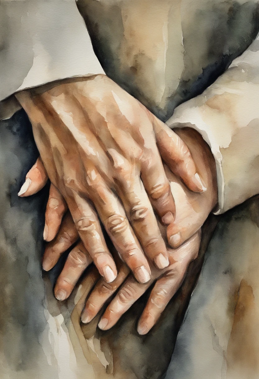 A closeup of a man holding a person's hand, holding each other hands, holding hand, hands pressed together in bow, across holding a hand, reconfortante, hands of blessing, reaching out to each other, single pair of hands, hands crossed, compassivo, tranquilizador, reconfortante e familiar, hands shielding face, emocionalmente comovente, coherent hands, Comovente