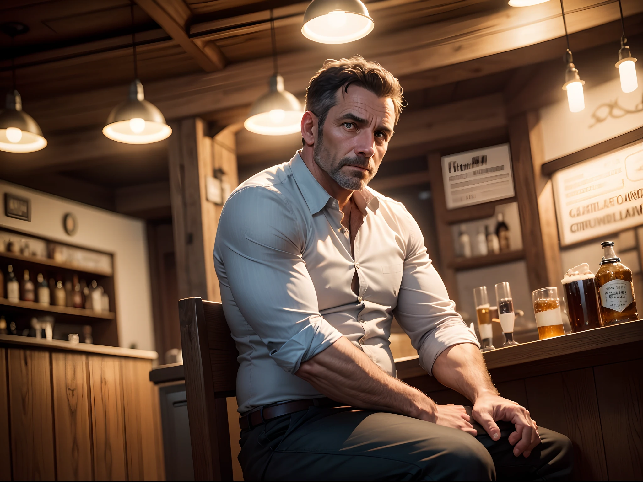 realistic 8k image of a 45 year old man, sitting at a counter in a German pub, night, worried expression
