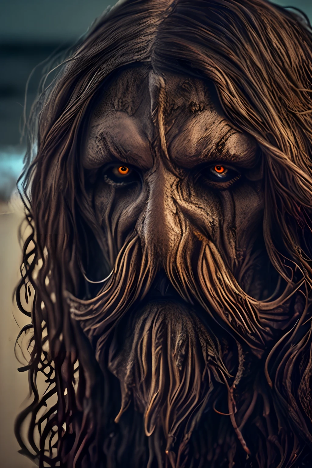(extremely detailed 8k wallpaper), Dark Theme, Modern Horror, ((Sea creature man.)), uses (torn and aged pirate clothes.), fine focus, (subsurface dispersion:1.1), (Middle-aged man), (Brown long hair), (Beard) ((Completely Wet)), centered face, dramatic lighting, expression (serious), On a beach, coming out of the sea.