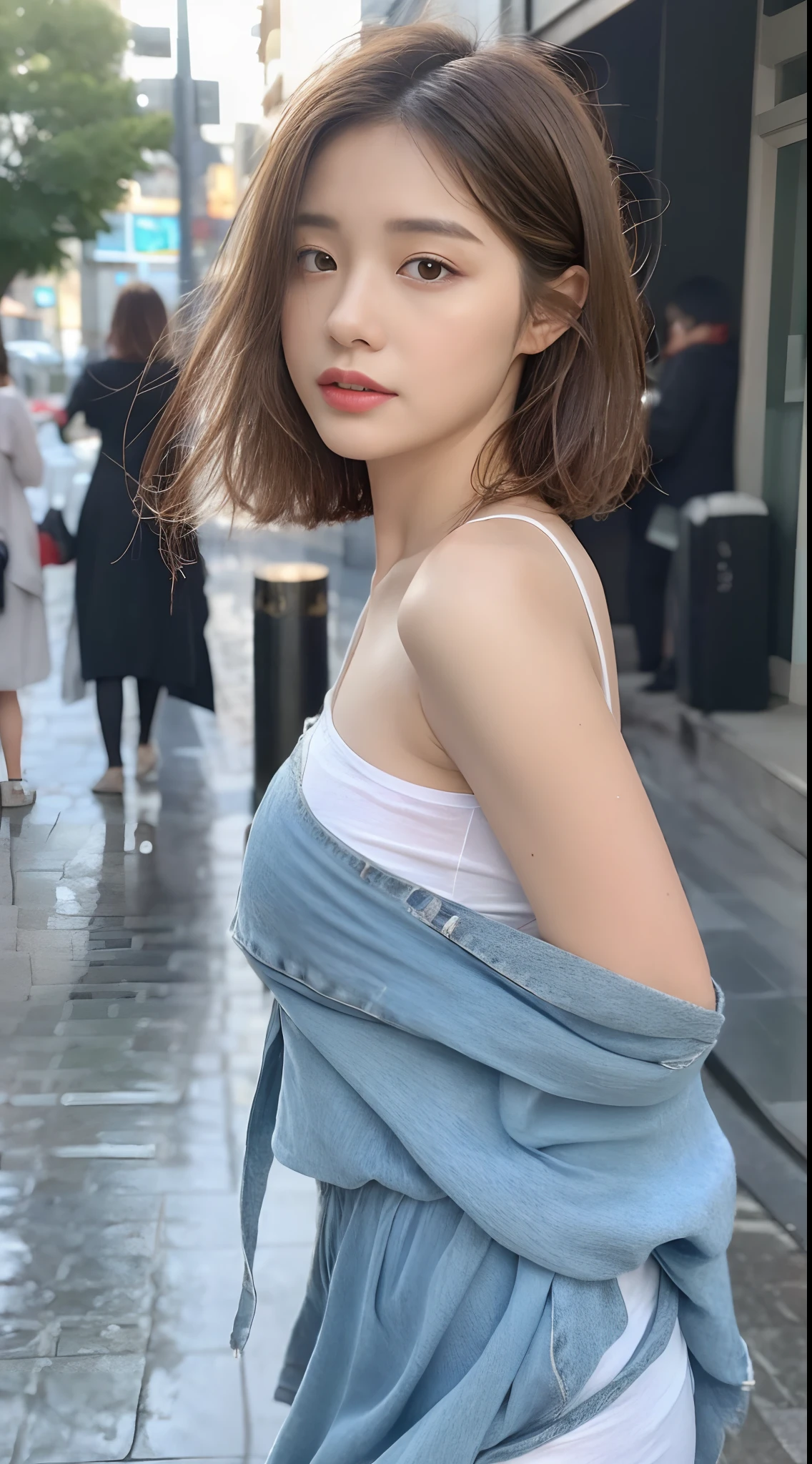 ((Best Quality, 8K, Masterpiece:1.3)), Focus: 1.2, Perfect Body Beauty: 1.4, Buttocks: 1.2, ((Layered Haircut, Breasts: 1.2)), (Wet Clothes: 1.1) , (Rain, Street:1.3), Bandeau Dress: 1.1, Highly Detailed Face and Skin Texture, Delicate Eyes, Double Eyelids, Whitened Skin, Long Hair