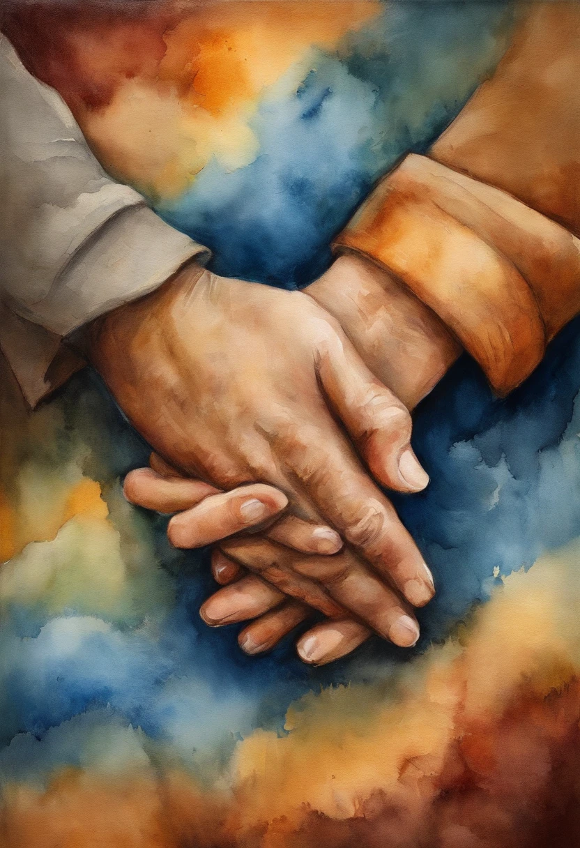 A closeup of a man holding a person's hand, holding each other hands, holding hand, hands pressed together in bow, across holding a hand, reconfortante, hands of blessing, reaching out to each other, single pair of hands, hands crossed, compassivo, tranquilizador, reconfortante e familiar, hands shielding face, emocionalmente comovente, coherent hands, Comovente