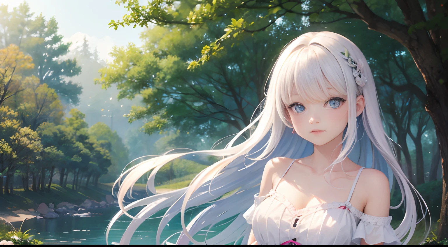 watercolor paiting、Beautiful teenage girl、japanes、White dress、Fantastical、Black eyes、high-level image quality