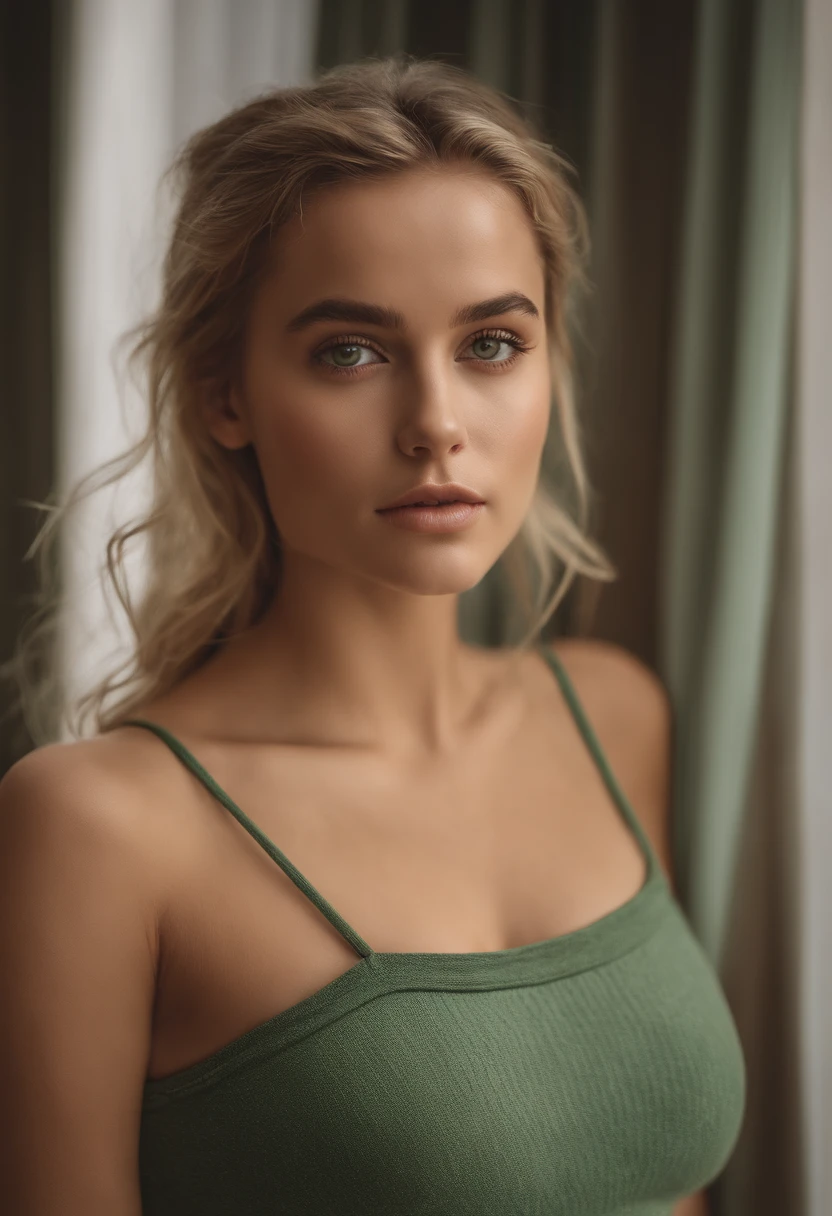Oman with matching tank top and panties in green color, fille sexy aux yeux vert, Portrait Sophie Mudd, Portrait de Corinna Kopf, portrait d'Emma Watson, portrait de Charly Jordan, cheveux blonds et grands yeux, selfie of a young woman, ohne Maquillage, Natural Makeup with Piercing Eyes, Look directly into the camera, Visage avec Artgram, dezentes Maquillage, Superbe photo du corps entier, dans la chambre, gros seins, Blonde, corps mannequin