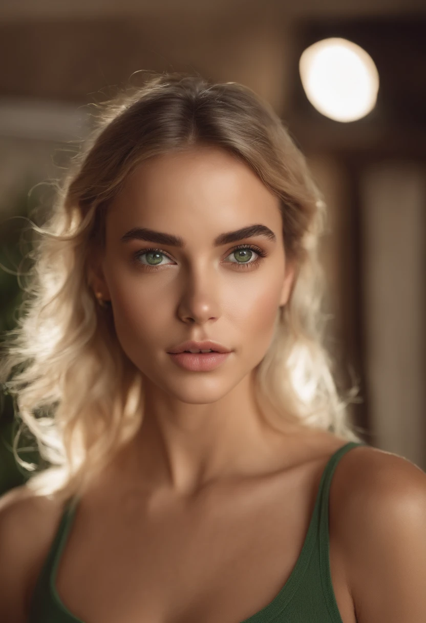 Oman with matching tank top and panties in green color, fille sexy aux yeux vert, Portrait Sophie Mudd, Portrait de Corinna Kopf, portrait d'Emma Watson, portrait de Charly Jordan, cheveux blonds et grands yeux, selfie of a young woman, ohne Maquillage, Natural Makeup with Piercing Eyes, Look directly into the camera, Visage avec Artgram, dezentes Maquillage, Superbe photo du corps entier, dans la chambre, gros seins, Blonde, corps mannequin